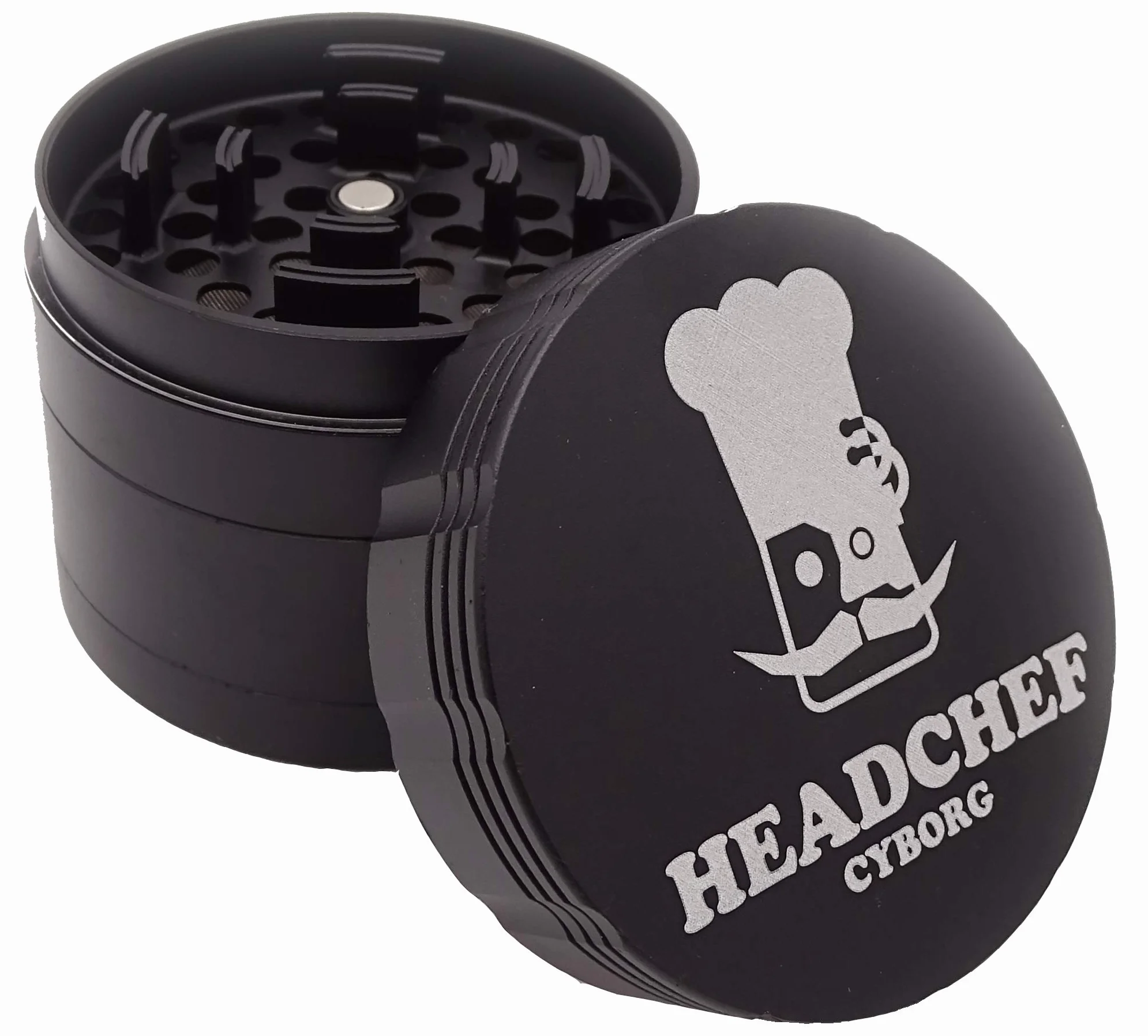 Headchef Cyborg wysokiej jakości metalowy młynek do ziół z wyjmowanym ekranem obrotowym, 4 sztuki młynek 62 mm (karbonowy czarny)