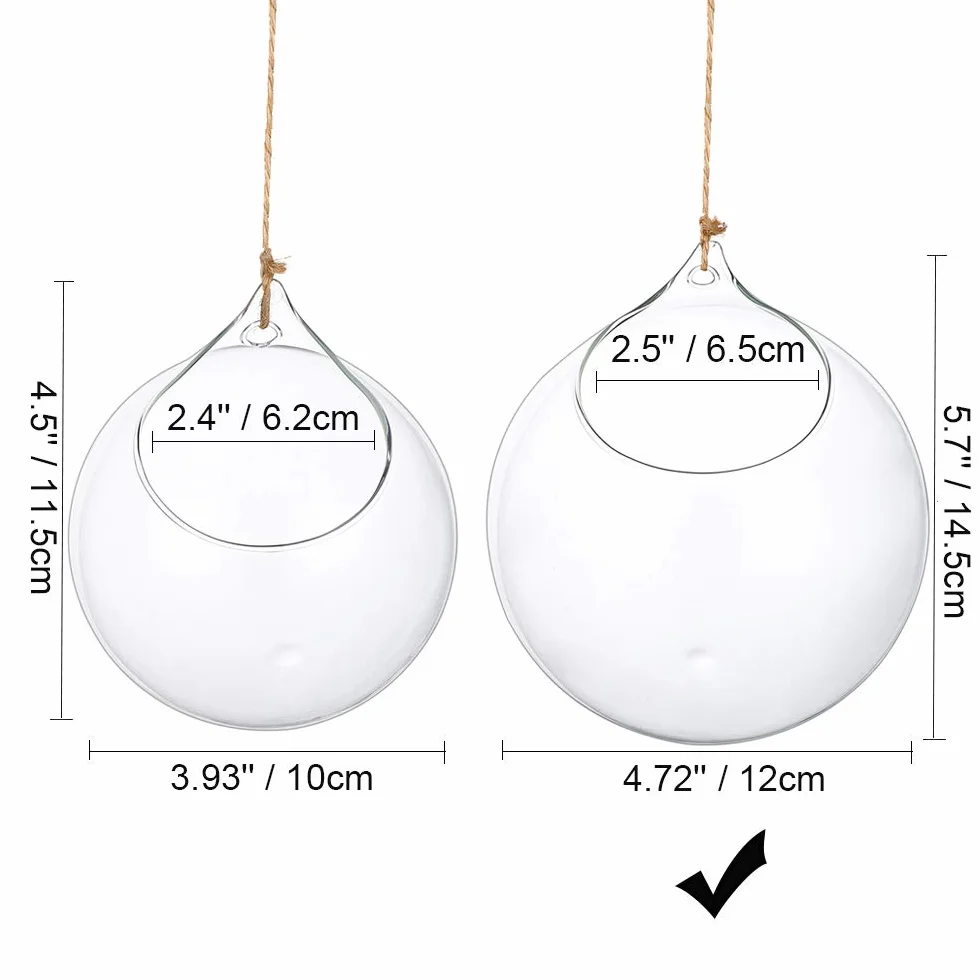 Wiszące szklane kule, terrarium, sukulenty, kule, szklana doniczka, duży otwór, paproć, rośliny, wazon, wieszak, na imprezę, ślub, ogród, design, 12 cm, 2 sztuki
