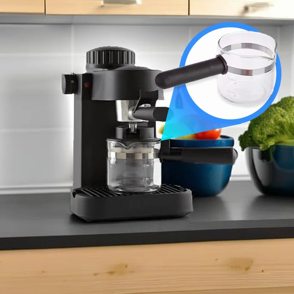 Anakel Home Wymienny uniwersalny dzbanek do kawy z długim plastikowym uchwytem Dzbanek do kawy o wysokości 8,5 cm i średnicy 8,6 cm na 4–6 filiżanek Czarne szkło i plastik