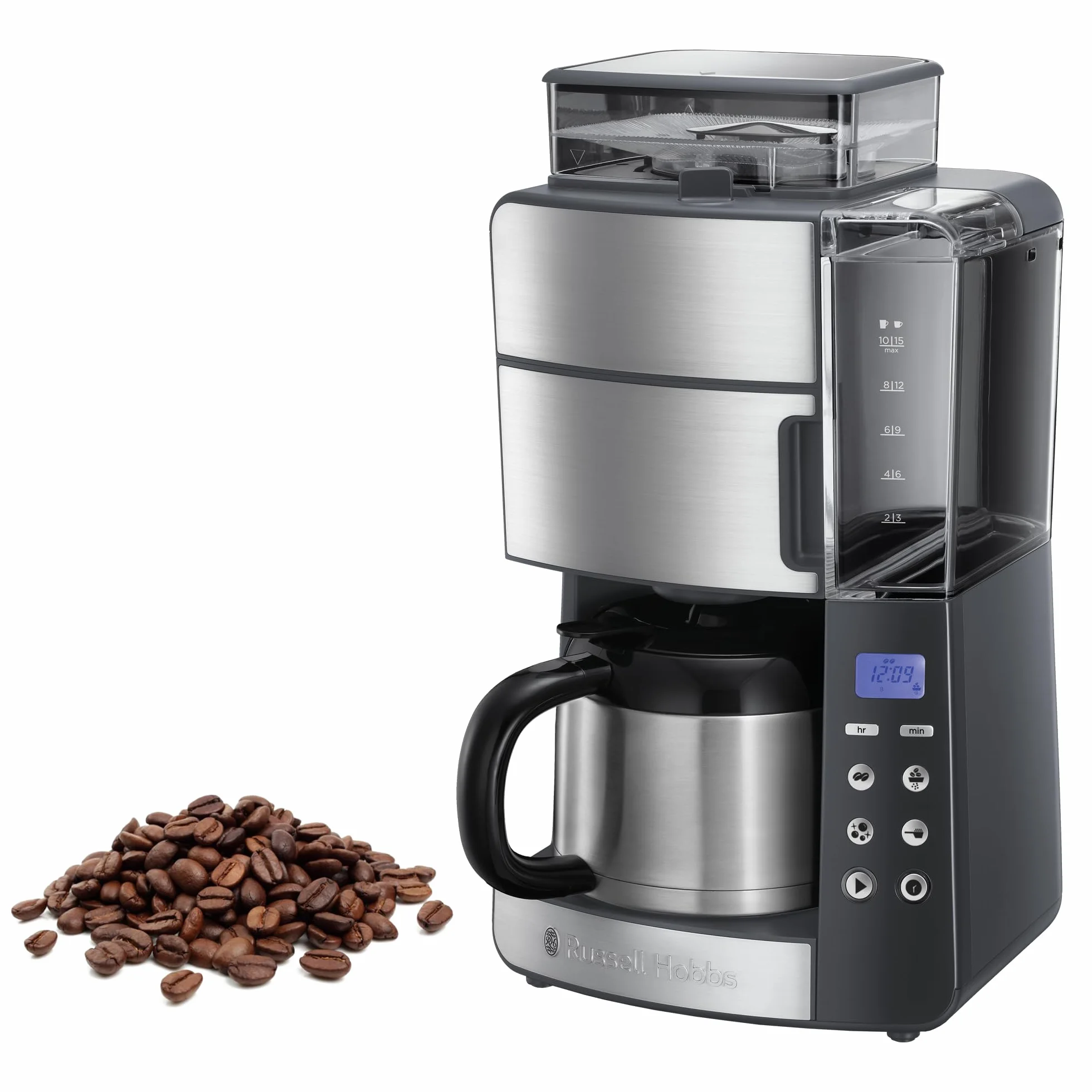 Russell Hobbs ekspres do kawy, wbudowany młynek, regulacja mocy zaparzenia kawy, timer, podtrzymywanie temperatury, dzbanek termiczny, pojemność 1,25l, moc 1000W, czarny-stalowy, Grind&Brew 25620-56