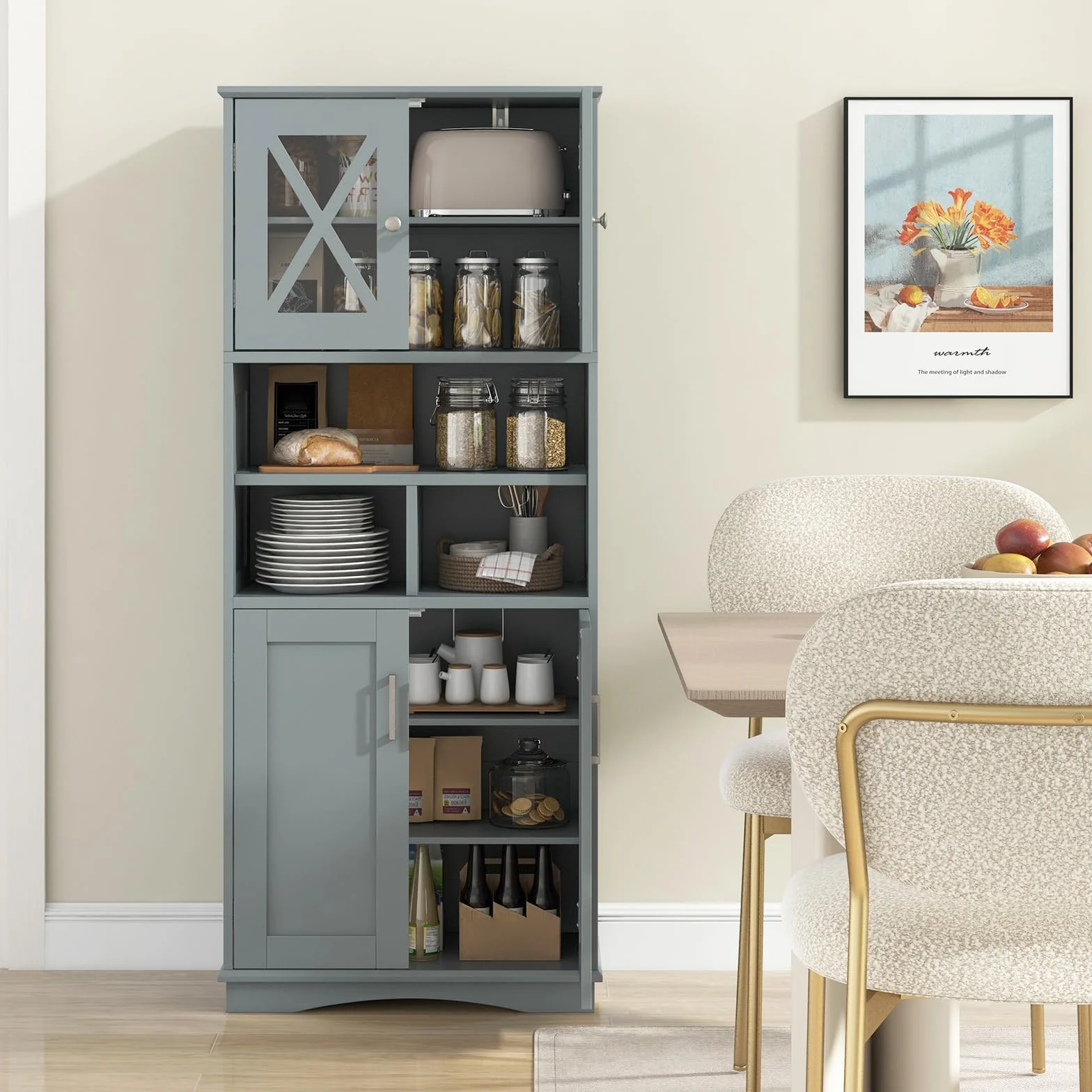 COSTWAY Szafka łazienkowa, wysoka szafka łazienkowa z 3 regulowanymi półkami i 4 drzwiami, drewniana szafka do przechowywania, do łazienki, salonu i kuchni, 60 x 30 x 145 cm (szara)