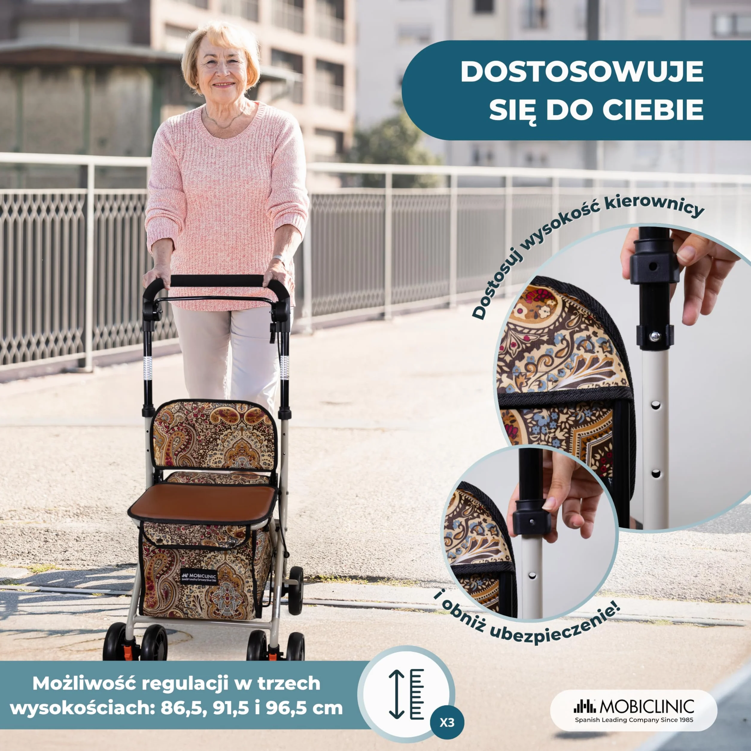 Mobiclinic®, Wózek Spacerowy Składany, Wózek na Zakupy z Siedziskiem, 21 L, Chodzik, Pojedyncza Dźwignia, Stal, Duży Kosz, Oparcie i Wyściółka, System Hamowania, Koła 360º, Coliseo