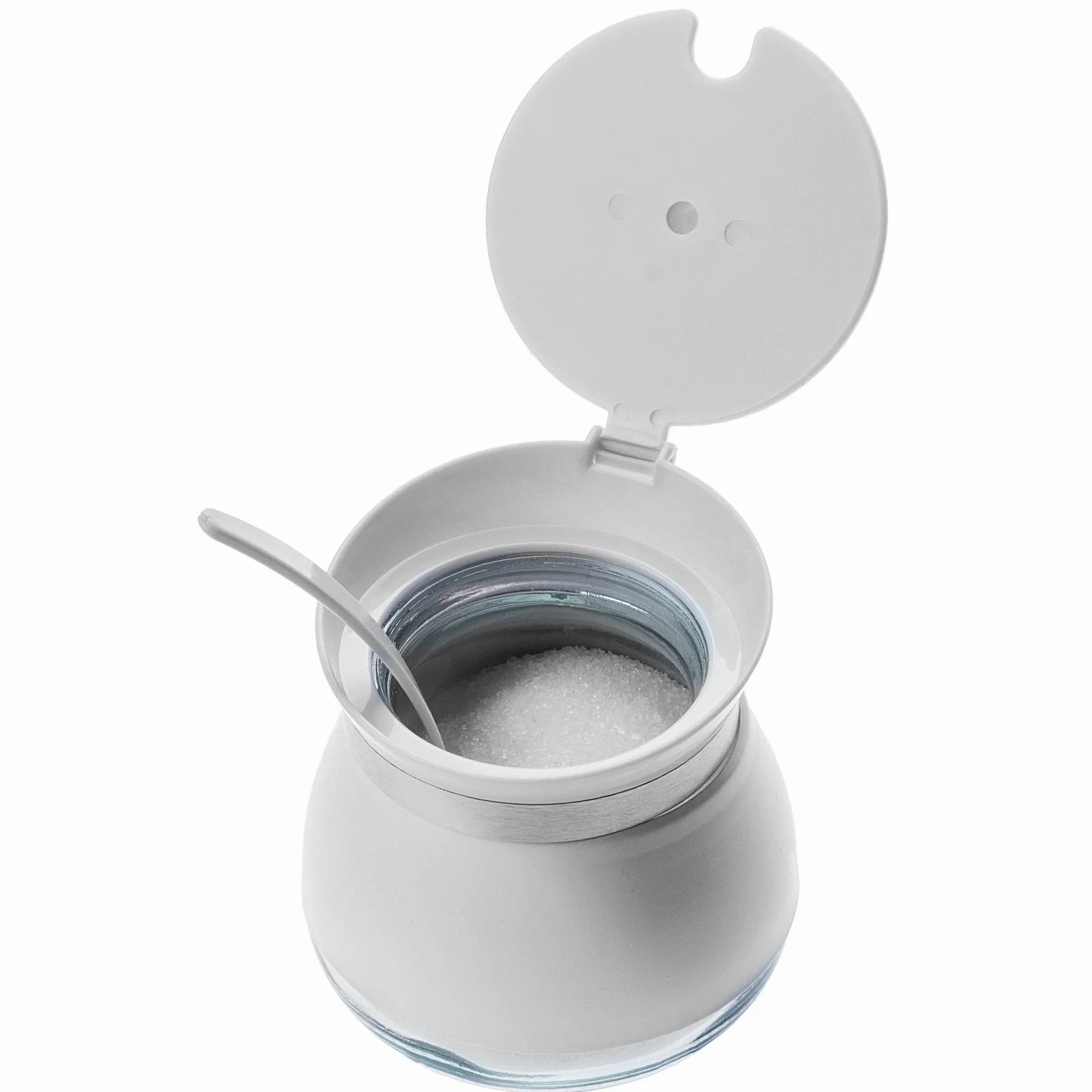 KADAX Cukiernica szklana z łyżeczką i pokrywką, 270 ml, 9x9 cm, kolor biały - elegancki pojemnik na cukier do kuchni i serwowania herbaty, szczelne zamknięcie, łatwe dozowanie