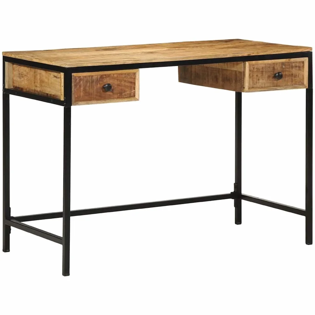 Rustykalne biurko z litego drewna mango z metalową ramą, brązowe 105 x 50 x 75 cm, do sypialni lub gabinetu, z praktycznymi przegródkami na przybory piśmiennicze