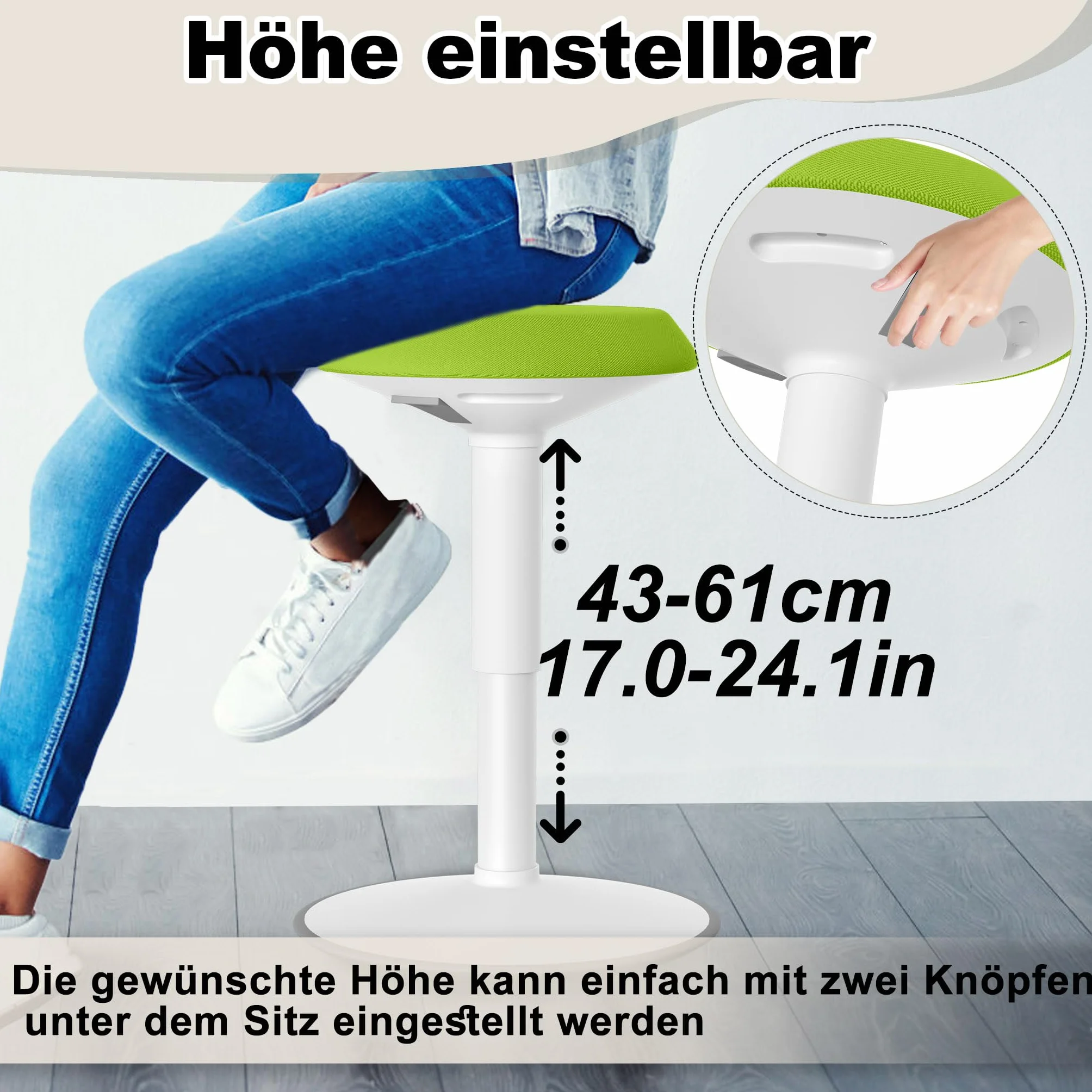 Froadp Stołek biurowy, ergonomiczny taboret, stojący z regulacją wysokości 43-61 cm, antypoślizgowy, do salonu, baru, biura, zielony, okrągły