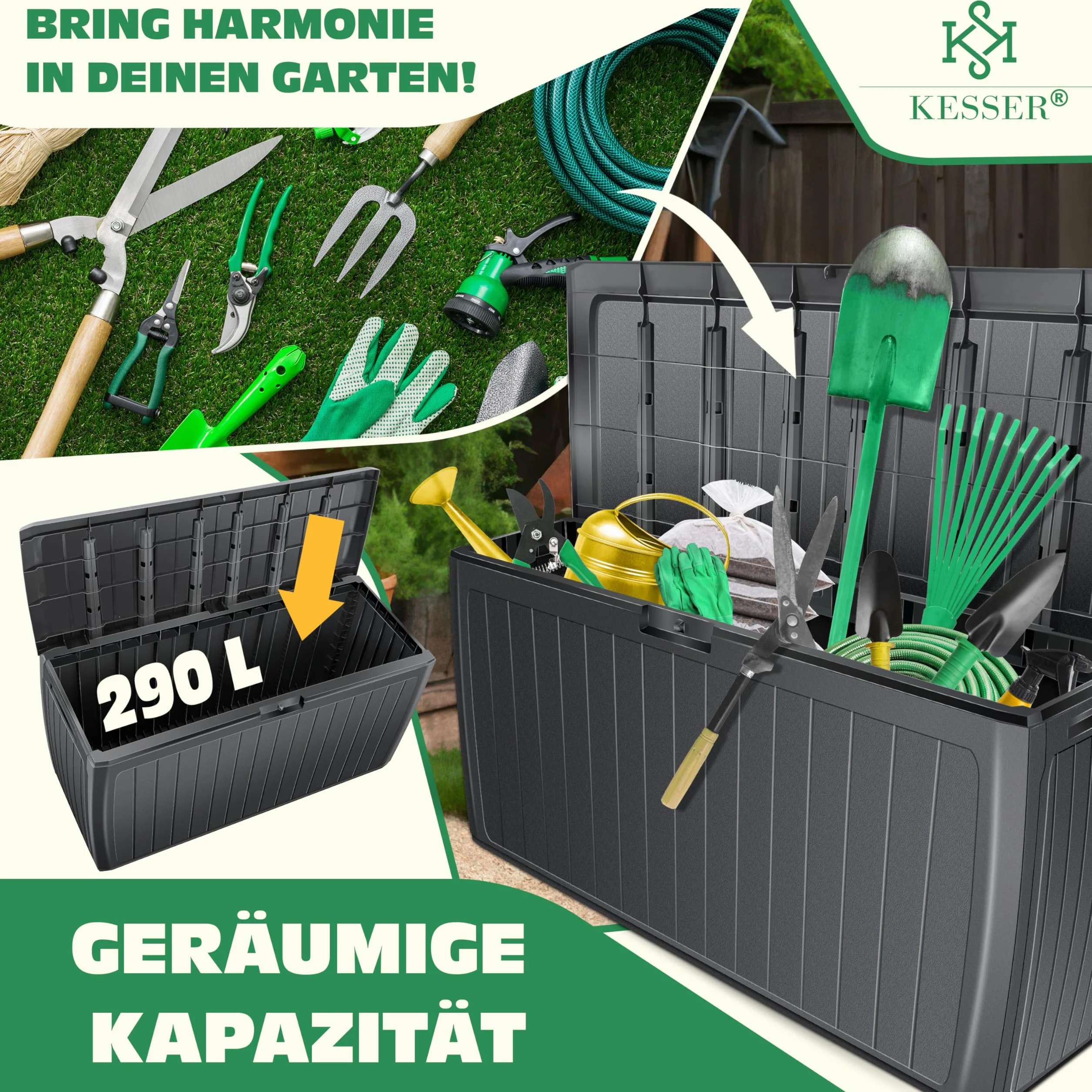 KESSER® Skrzynka na poduszki 290 l, z rolkami i uchwytami, obciążenie 100 kg, system Smart Click, skrzynia ogrodowa, kolor antracytowy