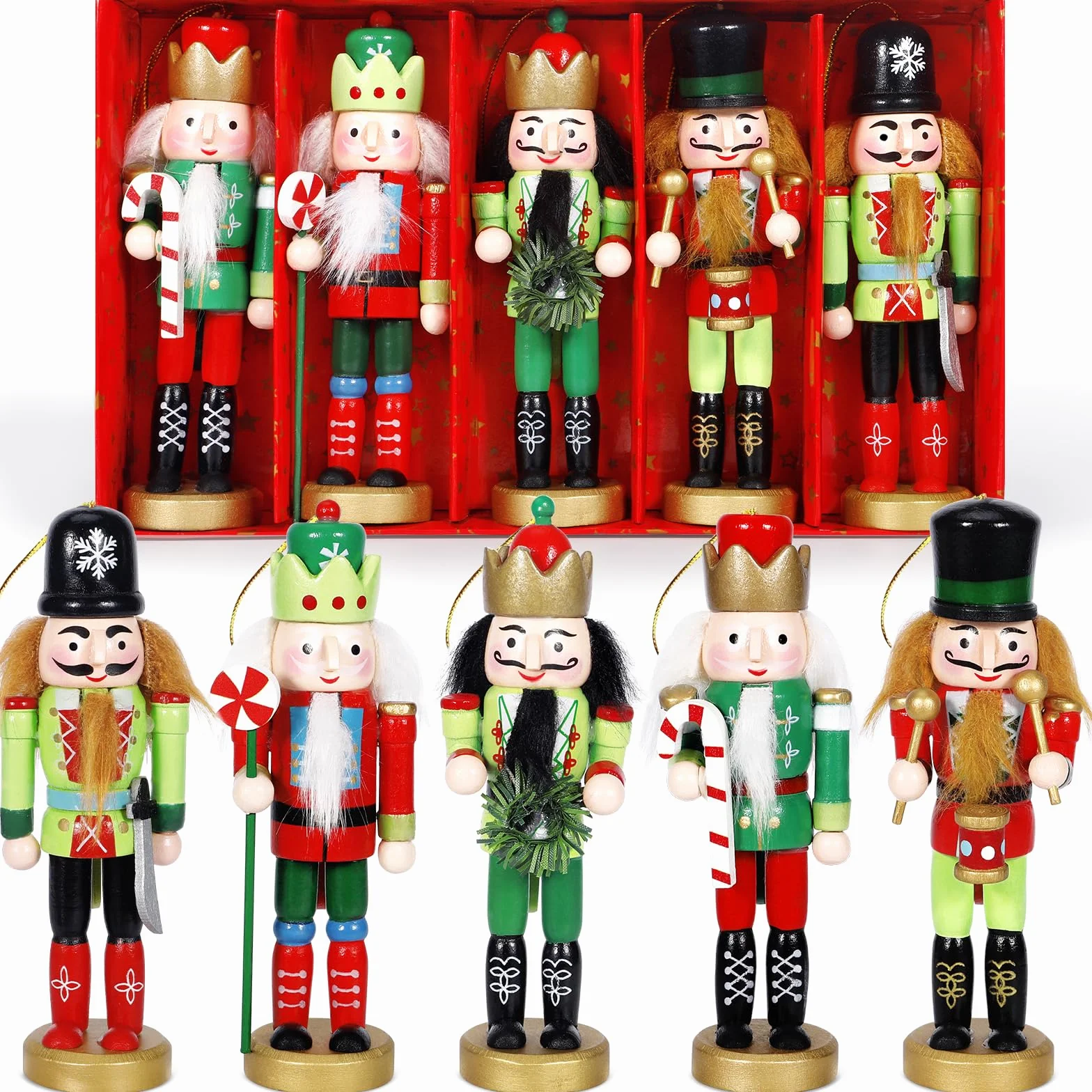5 Tradycyjnych Drewnianych Złamaczów do Orzechów na Święta, 13cm Drewniana Figurka Żołnierza Złamacza do Orzechów Lalka, Ozdoba Choinkowa Dekoracja Świąteczna Świąteczna Ozdoba Prezent