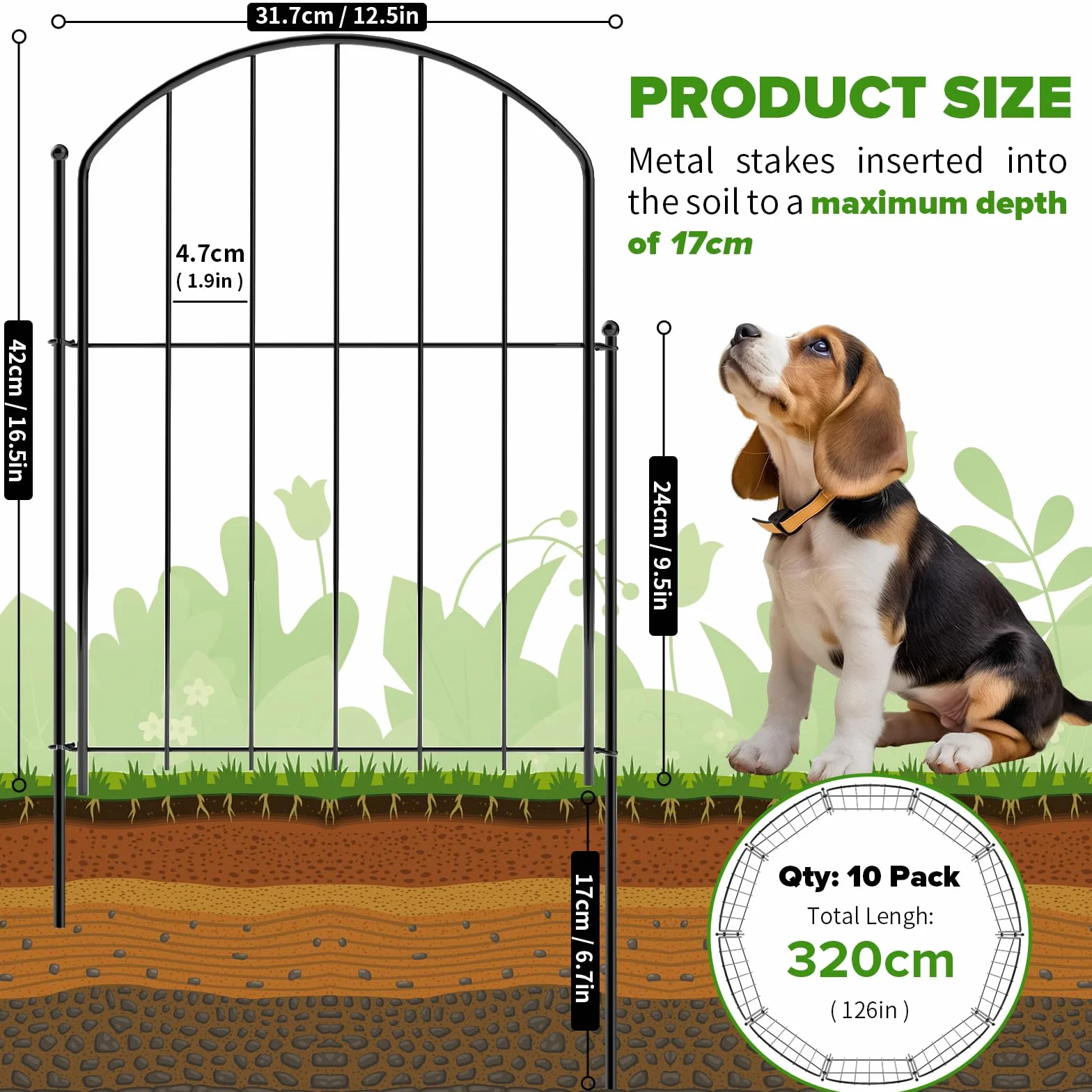 Bamworld Ogrodzenie Ogrodowe 43cm x 3m, Antykorozyjne Metalowe Ogrodzenie dla Zwierząt, Zestaw 10 Sztuk, Łukowate Panele Brzegowe do Rabatów Kwiatowych, Podwórka, Tarasu oraz Dekoracji Ogrodu