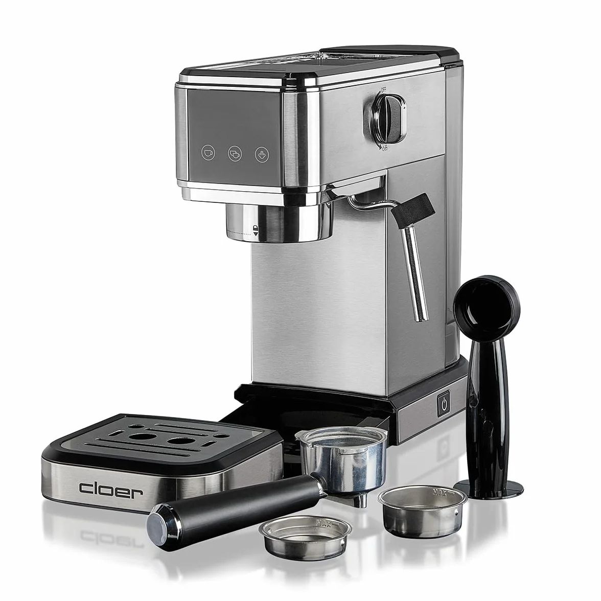 Cloer 5829 Ekspres do Espresso z Portafiltrem i Spieniaczem, Pompa 20 Barów, 1-2 Filiżanki Espresso, Cappuccino, Latte Macchiato, Zbiornik na Wodę o Pojemności 1 litra, 1350W