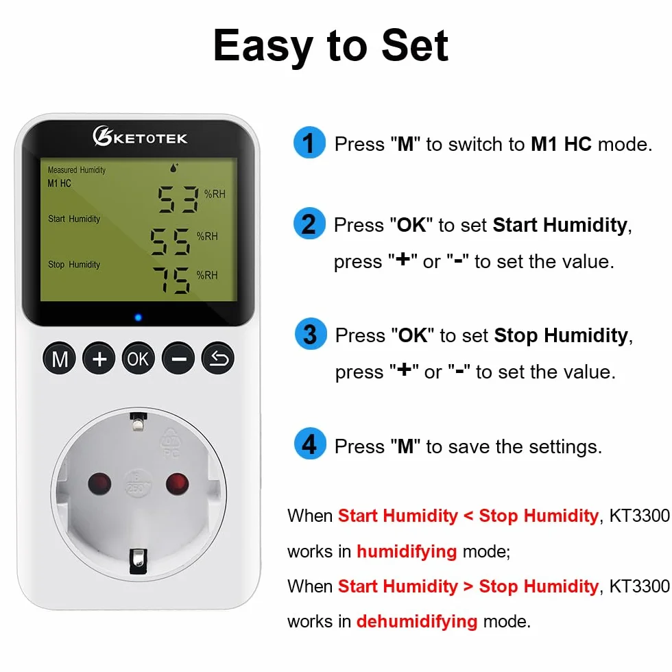 KETOTEK Higrostat, regulator wilgotności z czujnikiem 230 V, cyfrowy regulator wilgotności, gniazdko elektryczne przełącznik do szklarni, terrarium, osuszacza powietrza, nawilżacz powietrza