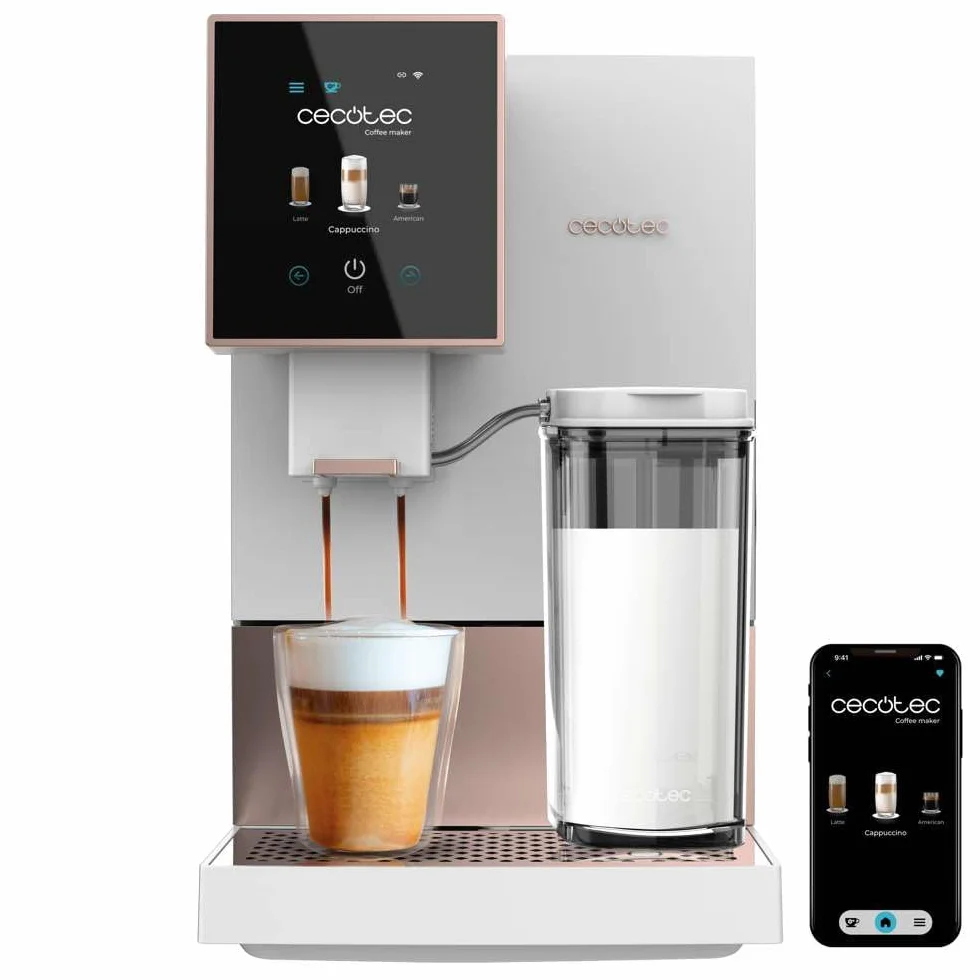 Cecotec Super automatyczny ekspres do kawy Cremmaet Compactccino Connected White Rose. 19 barów, wyświetlacz TFT i Wi-Fi, system Thermoblock, zbiornik na mleko, zbiornik na kawę 150 g, 5 poziomów