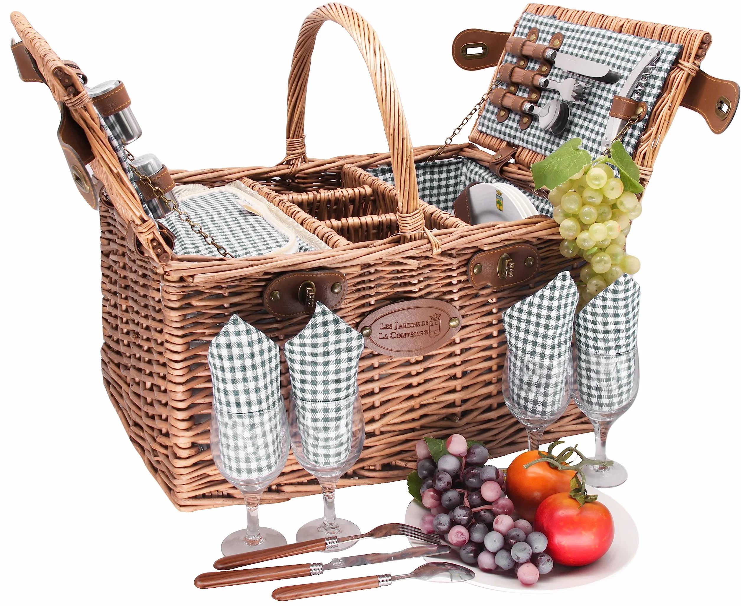 Les Jardins de la Comtesse Kosz piknikowy Saint-Germain zielona kratka ciemna wiklina - kosz ze stojakiem na butelki - dla 4 osób