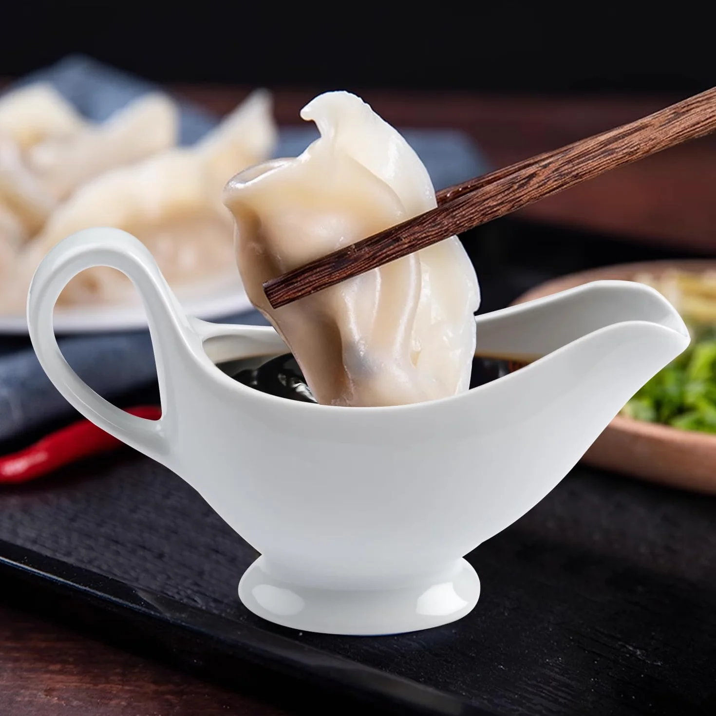 Porcelana sosjerka 300 ml, pojemnik na sosy z uchwytem, pojemnik na sosy, biały, sosjerka z dzióbkiem do ust, miska do serwowania, nadaje się do sosów, dressingów sałatkowych, bulionu mlecznego, soku