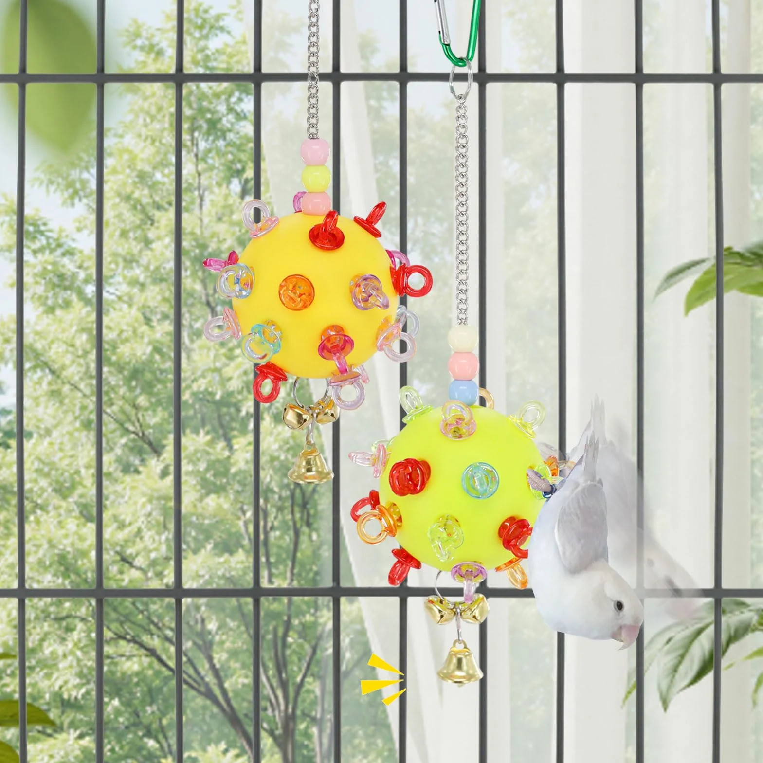Kolorowa zabawkowa piłka dla ptaków z dzwonkiem i łańcuszkiem dla papugi, budgies (żółta)