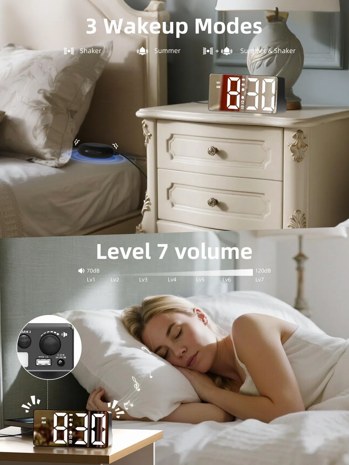 MINORZ Głośny budzik do głębokiego snu, budzik wibracyjny i lampka nocna, 3 tryby wibracji, podwójny alarm, drzemka, port ładowania USB, 12/24H i DST, idealny dla osób starszych niesłyszących
