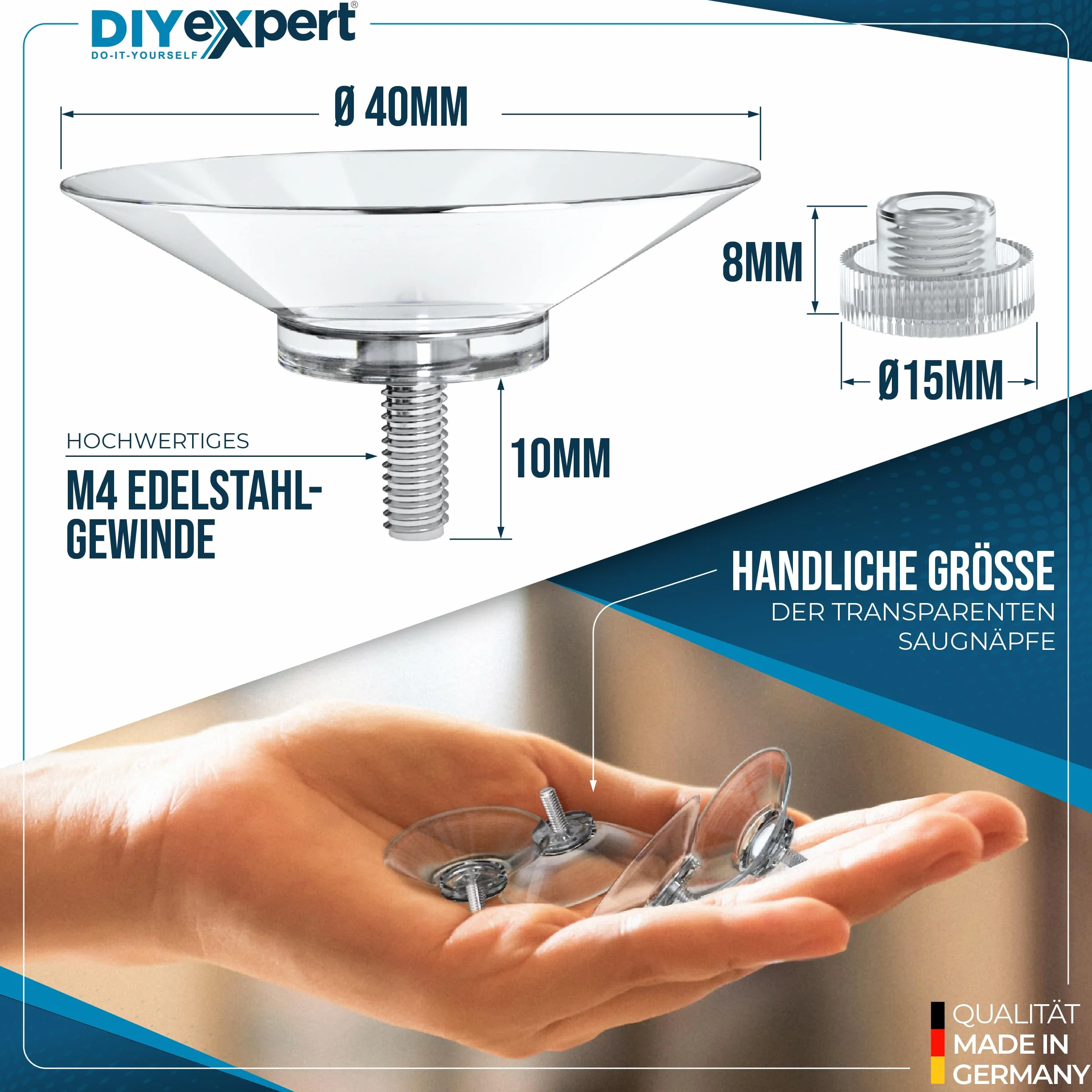 DIYexpert® 4 x przyssawka Ø 40 mm, z gwintem M4 x 10 mm, w zestawie nakrętki radełkowane przezroczyste - wyprodukowano w Niemczech