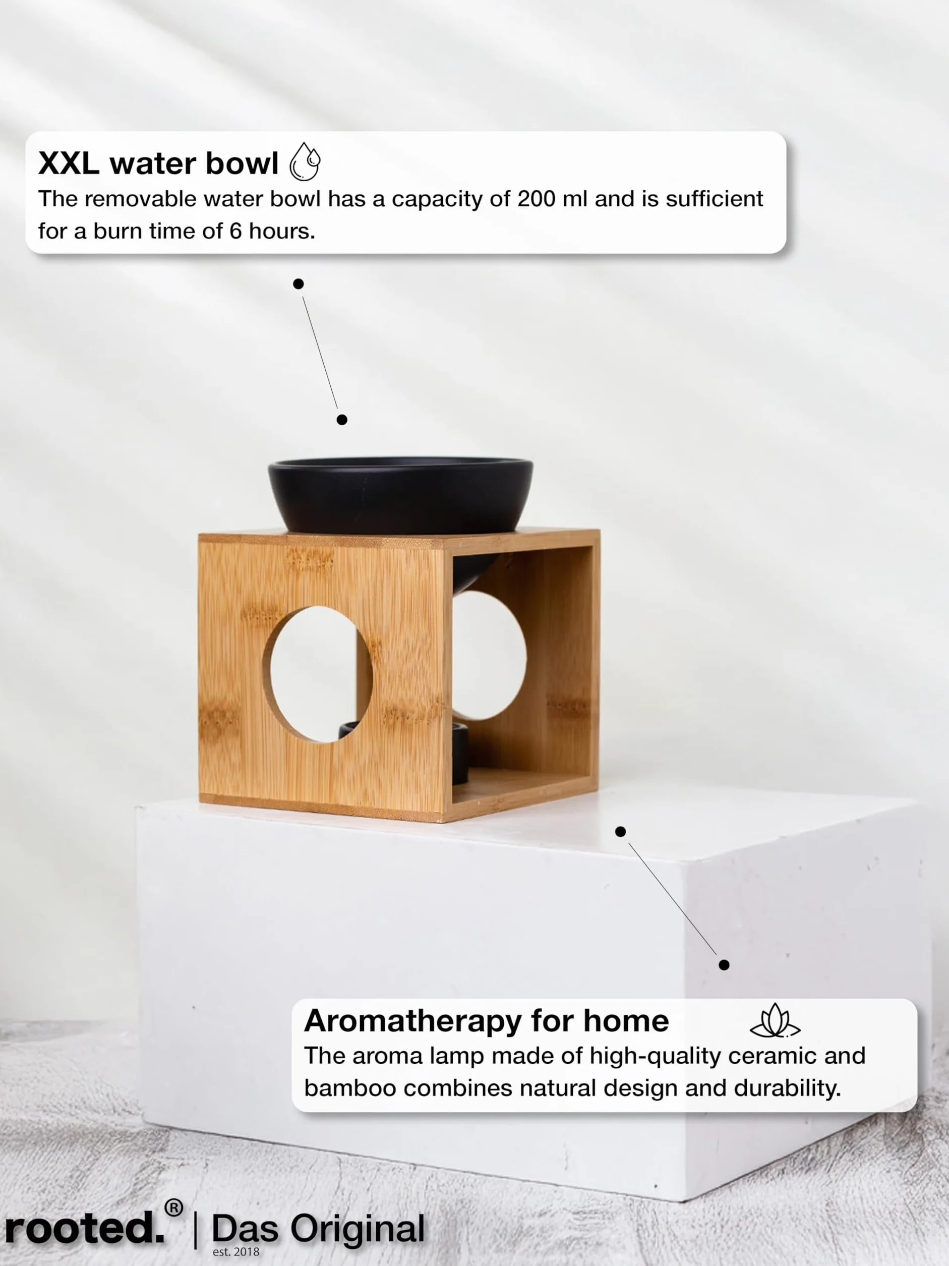 rooted.® | Lampa zapachowa Bamboo Teelicht | Designowa lampa zapachowa z bambusa i ceramiki | Drewniana podstawka na olejki eteryczne, olejki zapachowe i wosk zapachowy | Naturalna i matowa czarna |