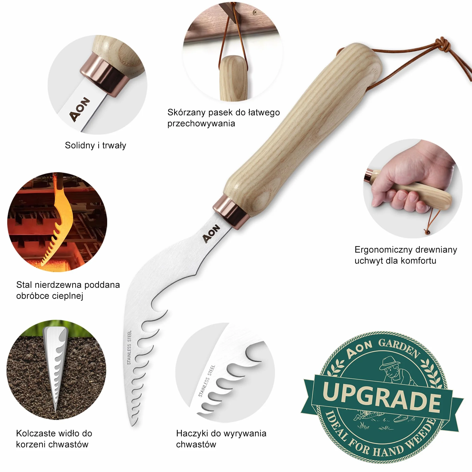 aon Zestaw 2 narzędzi – Odchwaszczacz y Skrobak do fug, Wyrywacz chwastów con acero tratado térmicamente y mango ergonómico de madera de fresno, ideal para jardines y patios, elimina malezas de raíz