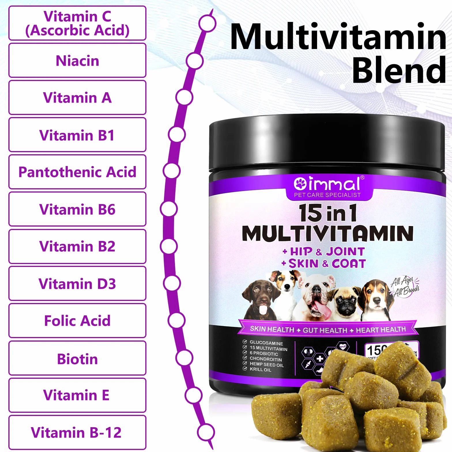Multiwitaminowe suplementy dla psów 15 w 1 Natural Essential Multi Vitamin Tabletki do żucia z witaminami B stawów o smaku kaczki 375 g 150 gryzaków