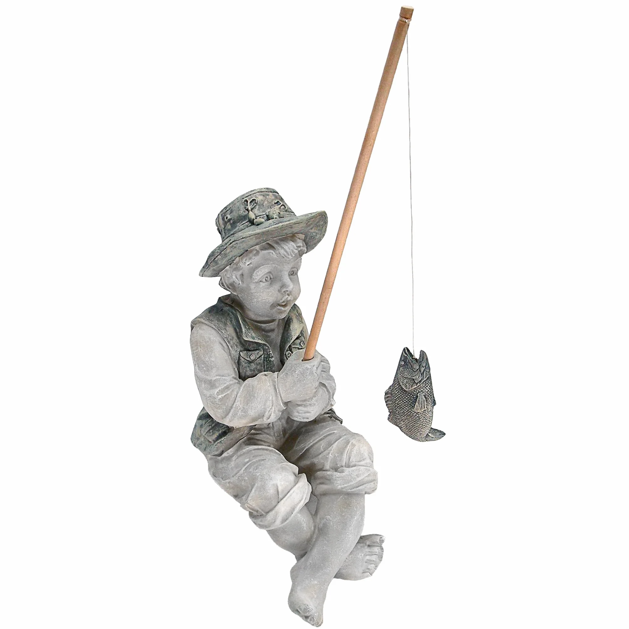 Design Toscano NG32122 Fryderyk Mały Rybak z Awinionu Chłopiec Wędkarstwo Ogród Statua, 38 cm, Żywica Poliestrowa, Dwukolorowy Kamień