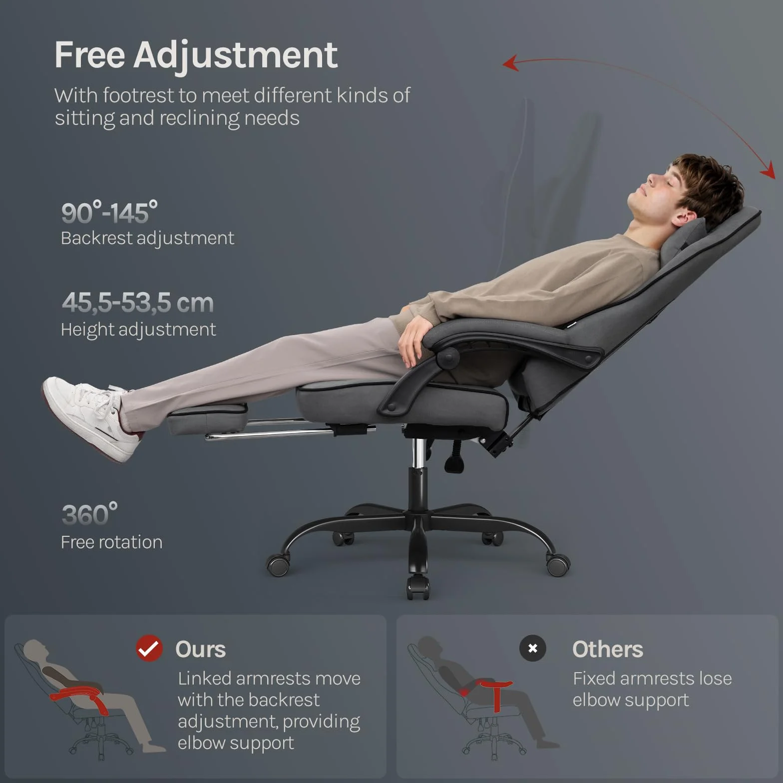 WOLTU Fotel gamingowy z tkaniny z wygodną podstawą sprężynową, chłodny latem, krzesło dla graczy o wysokiej wytrzymałości, ergonomiczne z poduszką na głowę, poduszką lędźwiową, podnóżkiem, tkanina
