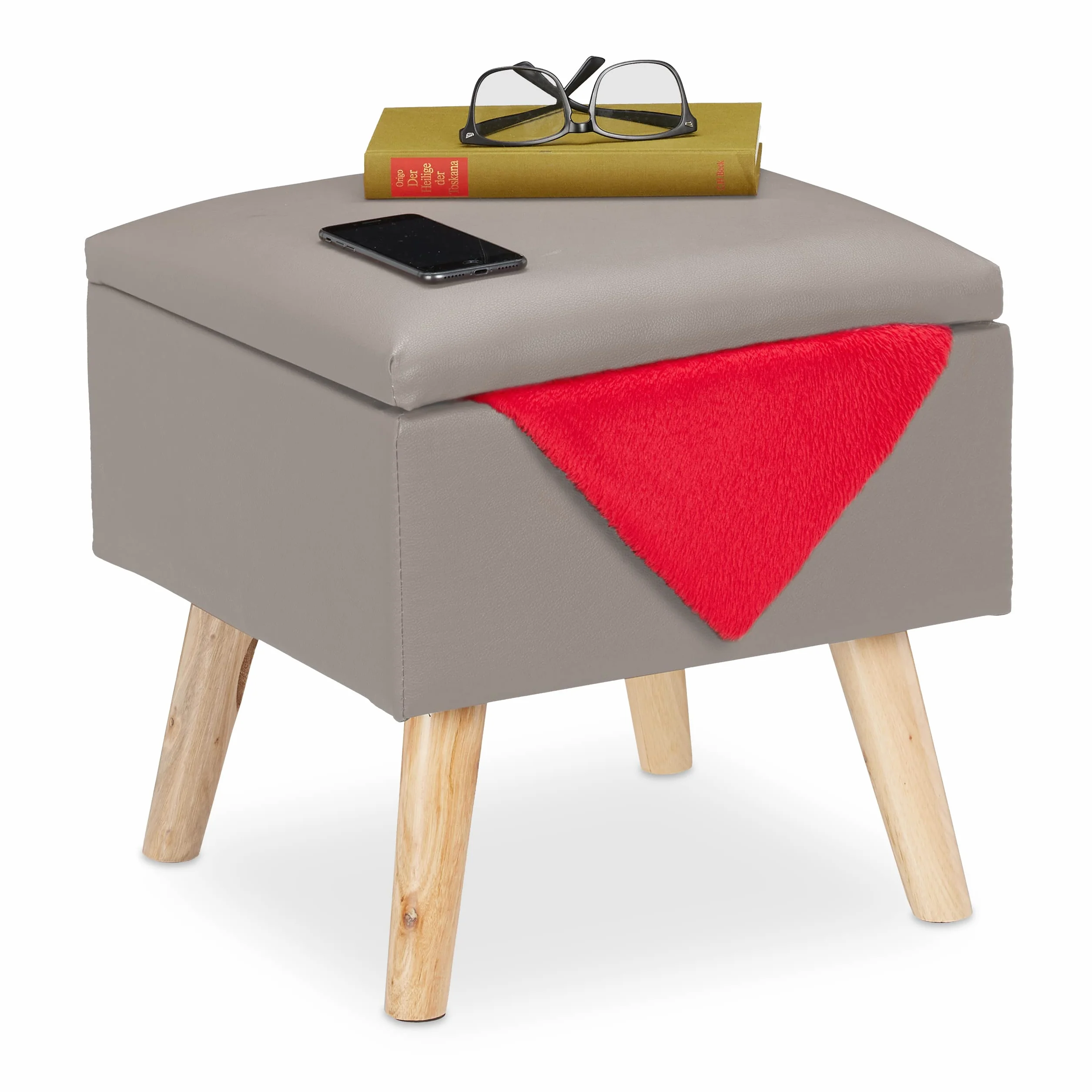 Relaxdays Taboret do siedzenia z miejscem do przechowywania, ze sztucznej skóry, wys. x gł.: 40 x 40 x 40 cm, z pokrywką, kostka do siedzenia, szara