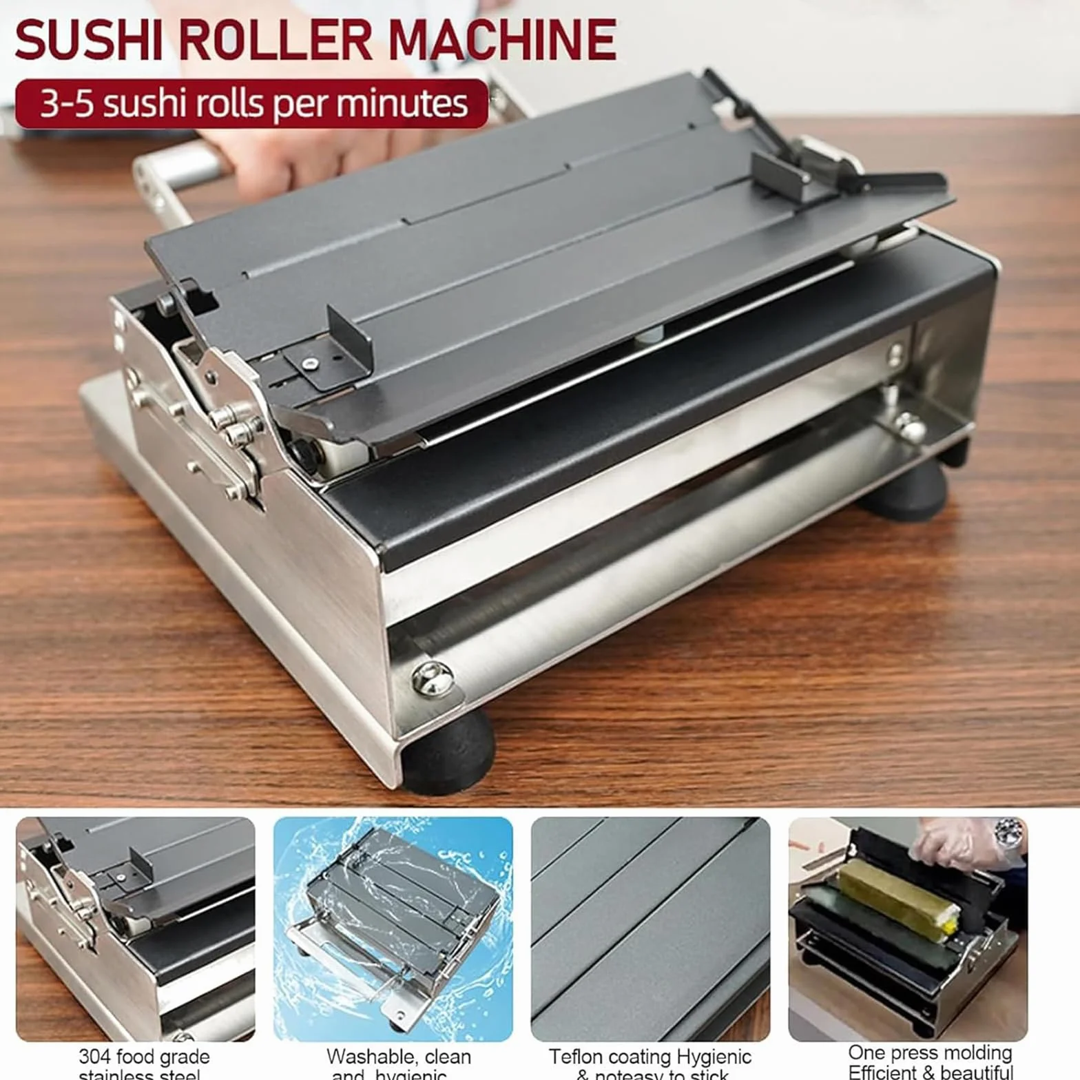 Ręczny wałek do sushi - zestaw do robienia sushi ze stali nierdzewnej z formami - szybko zrób 3-5 rolek sushi w ciągu 1 minuty, idealny do domowej kuchni