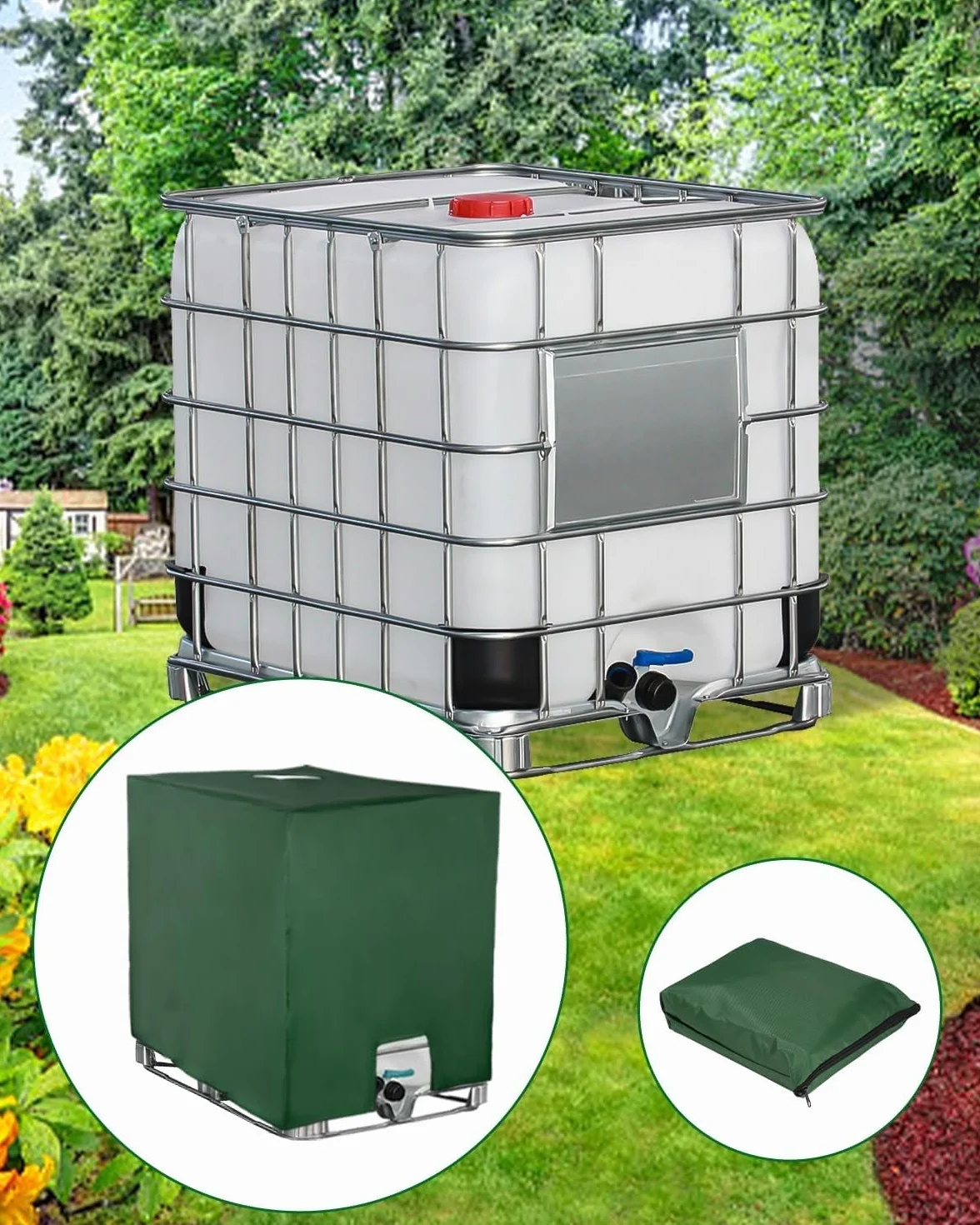 Pokrowiec na zbiornik IBC 1000L, akcesoria do kontenerów IBC, folia ochronna UV na zbiornik na wodę, pokrowiec na beczkę na deszczówkę, plandeka ochronna na zbiornik na wodę deszczową, odpowiedni na zbiornik IBC 1000L (120 x 100 x 116 cm zielony)