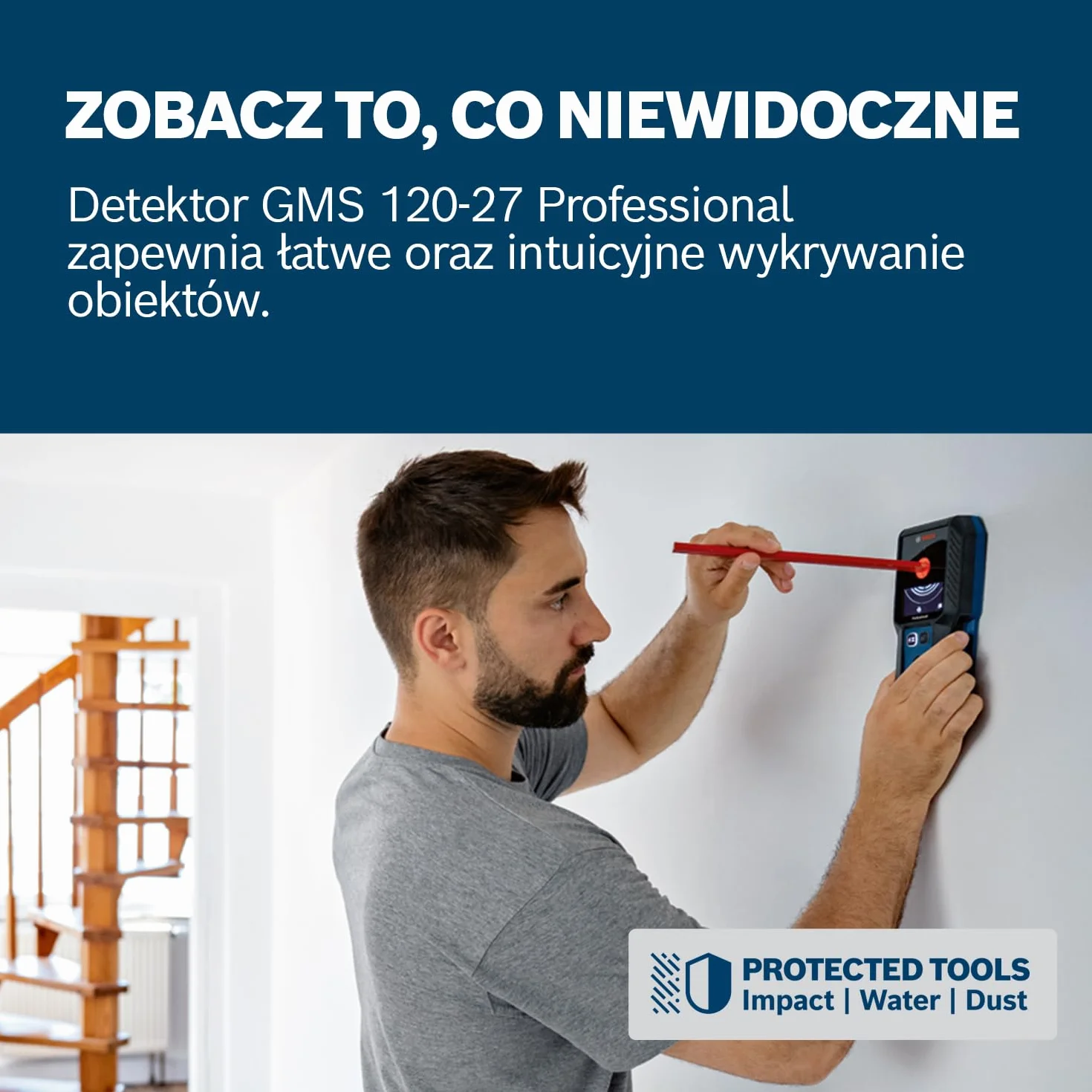 Bosch Professional: detektor GMS 120-27(przewód USB-C, maks. głębokość detekcji metali niemagnetycznych/metali magnetycznych/przewodów pod napięciem/drewna: 120/100/50/30 mm, 2 baterie AA, pokrowiec)