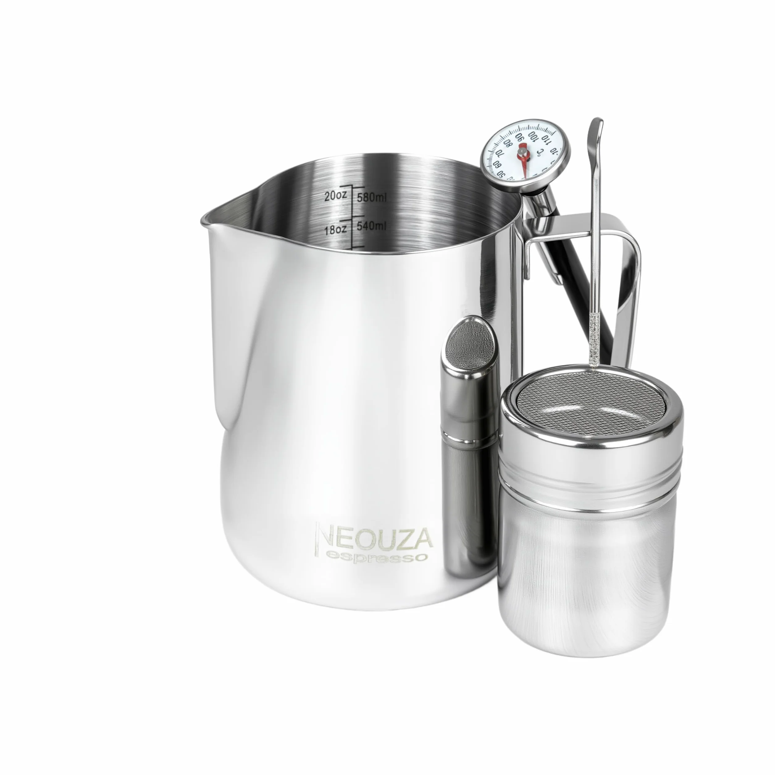 NEOUZA Dzbanek do spieniania mleka, 600 ml, dzbanek do gotowania na parze + zbiornik na proszek, igła i termometr do ekspresu do kawy