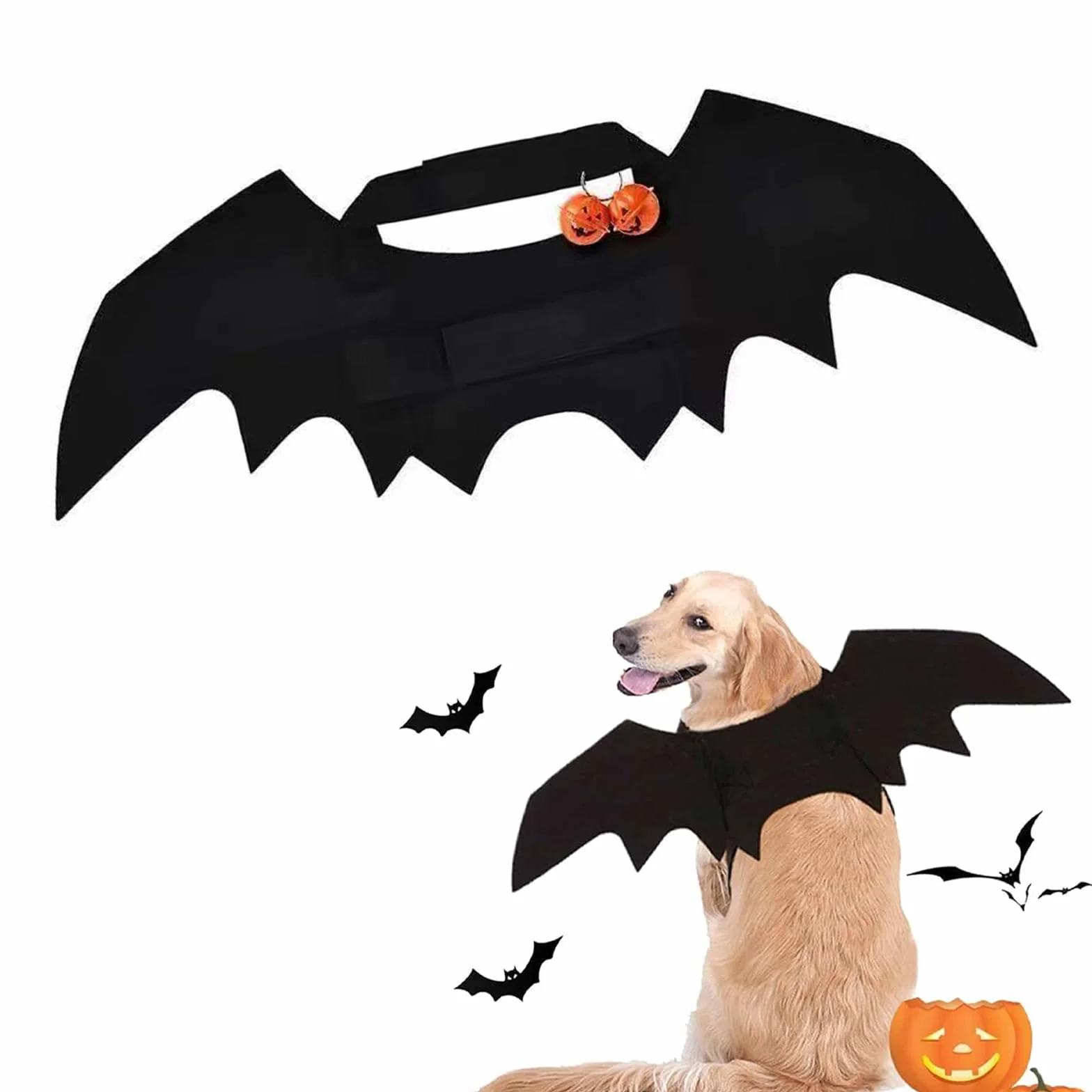 Kostium dla psa nietoperza Halloween, czarne filcowe skrzydła, regulowane z dzwonkiem dyniowym