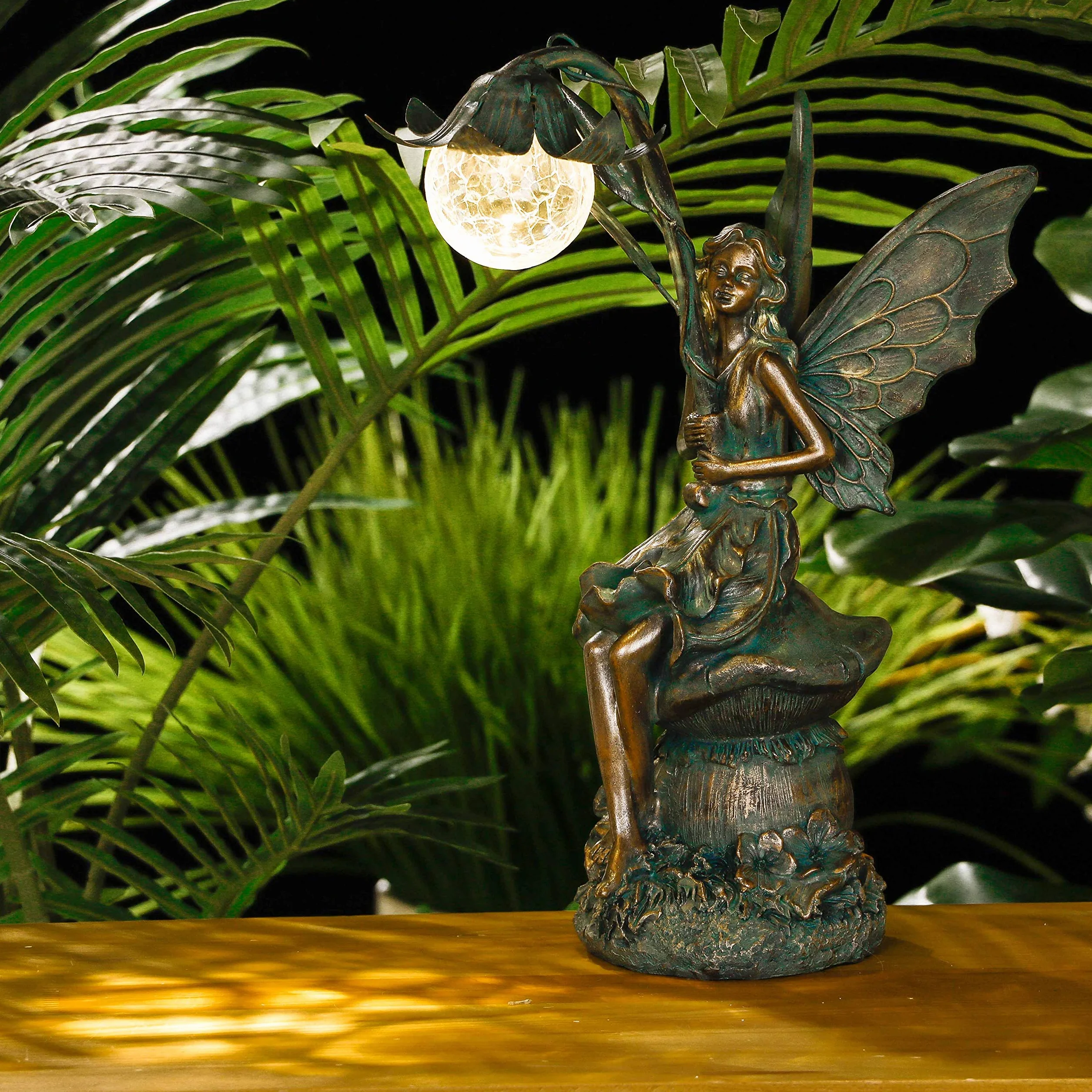 TERESA’S COLLECTIONS Figurki Ogrodowe Siedzące Elfy Kule ze Szkła Słonecznego 35cm Oświetlenie Polystone Brązowy Posąg anioła Figurki do Ogrodu Słonecznego Fairy Statue Dekoracje Ogrodowe