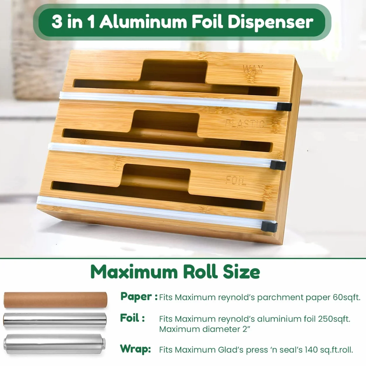 Dozownik folii i folii 3 w 1, folia aluminiowa, papier woskowy, dozownik do folii z tworzywa sztucznego z nożem i grawerowanymi etykietami, naturalny bambusowy organizer i uchwyt kuchenny -