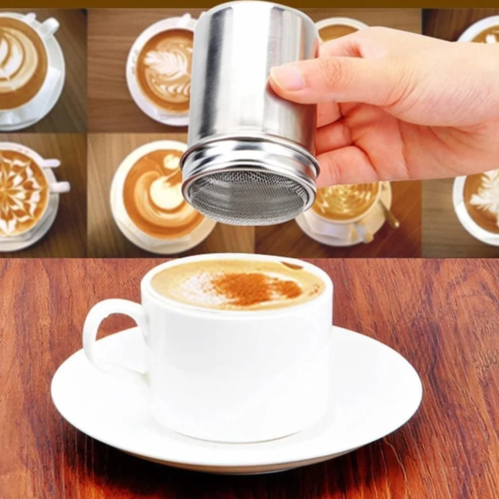 Shaker proszków Stal nierdzewNierdzewkawa Kakao Cynamonowa czekolada Shaker sitkiem Shaker pieprzu Pojemniki przechowywania przypraw drobną siatkową pokrywką restauracji Hotelowy sprzęt grillowania S