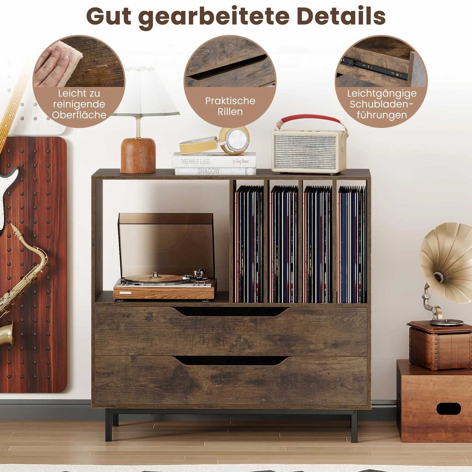 COSTWAY Stojak na Gramofon w Stylu Retro, Szafka na Płyty Winylowe z Otwartą Półką, 4 Przegrody na Winyle i 2 Szuflady, Stół Muzyczny do Salonu i Sypialni, Brązowy
