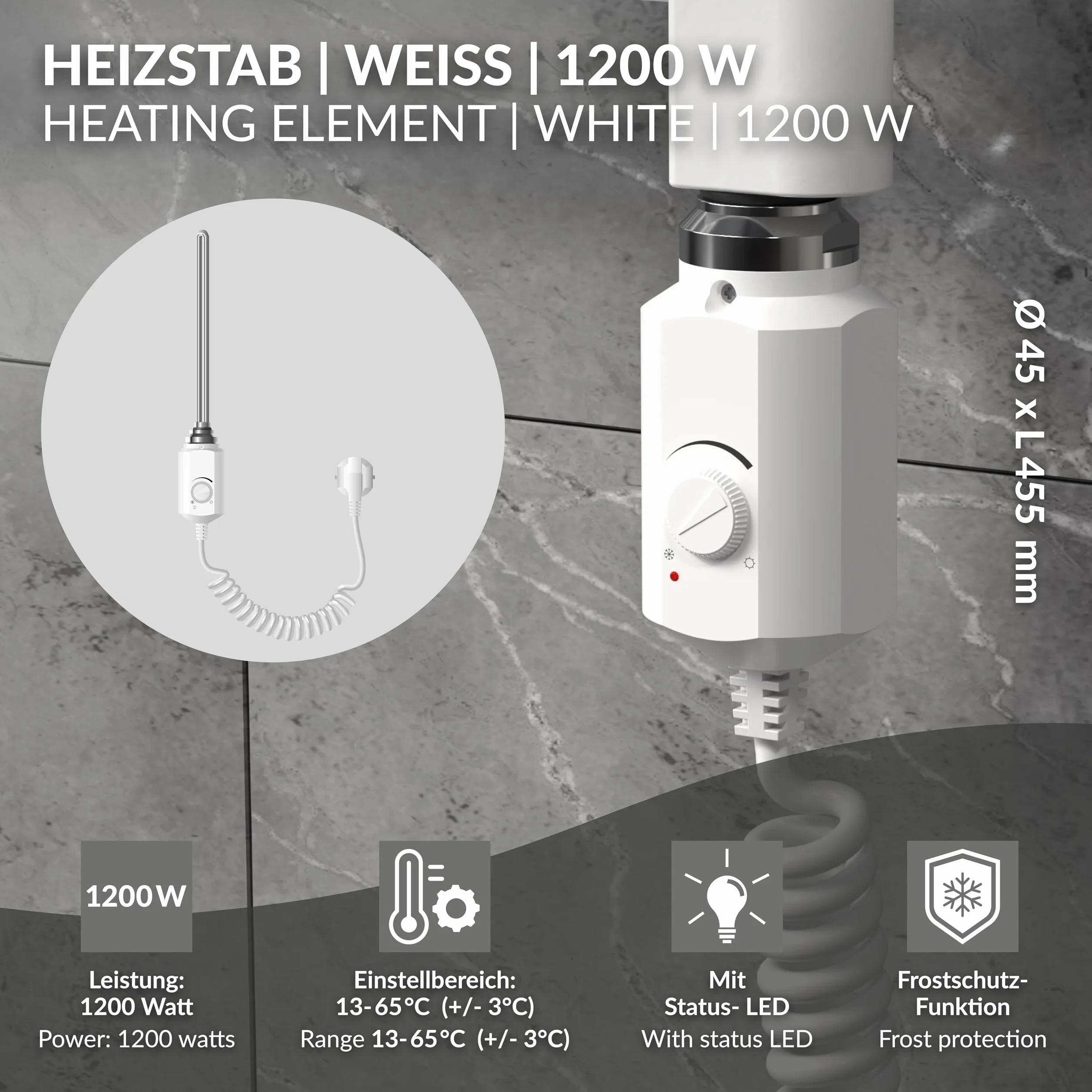 ECD Germany Element Grzejny Wklad Grzewczy 1200W Z Termostatem Elektroniczny Regulator Temperatury Do Grzejników Lazienkowych - 1/2" - Bialy - Stal Nierdzewna - Elektryczne Suszarka Do Reczników