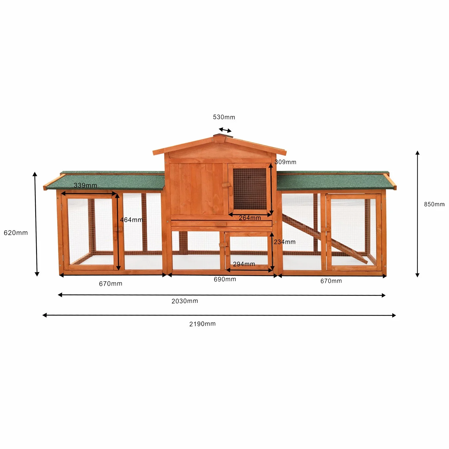 Wiltec Klatka dla królików 2190 x 530 x 850 mm z wybiegiem i podwyższoną budką drewno świerkowe 2 piętra