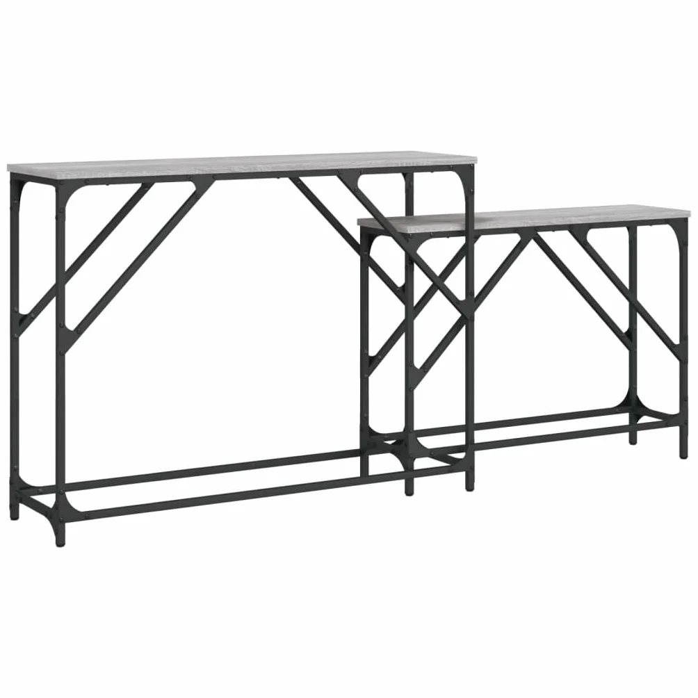 Stoły konsolowe, zestaw 2 sztuk, szary materiał drewnopochodny Sonoma, metalowa rama, szerokość 100/80 cm, stoliki pomocnicze do salonu, korytarza, przedpokoju, zajmują mało miejsca
