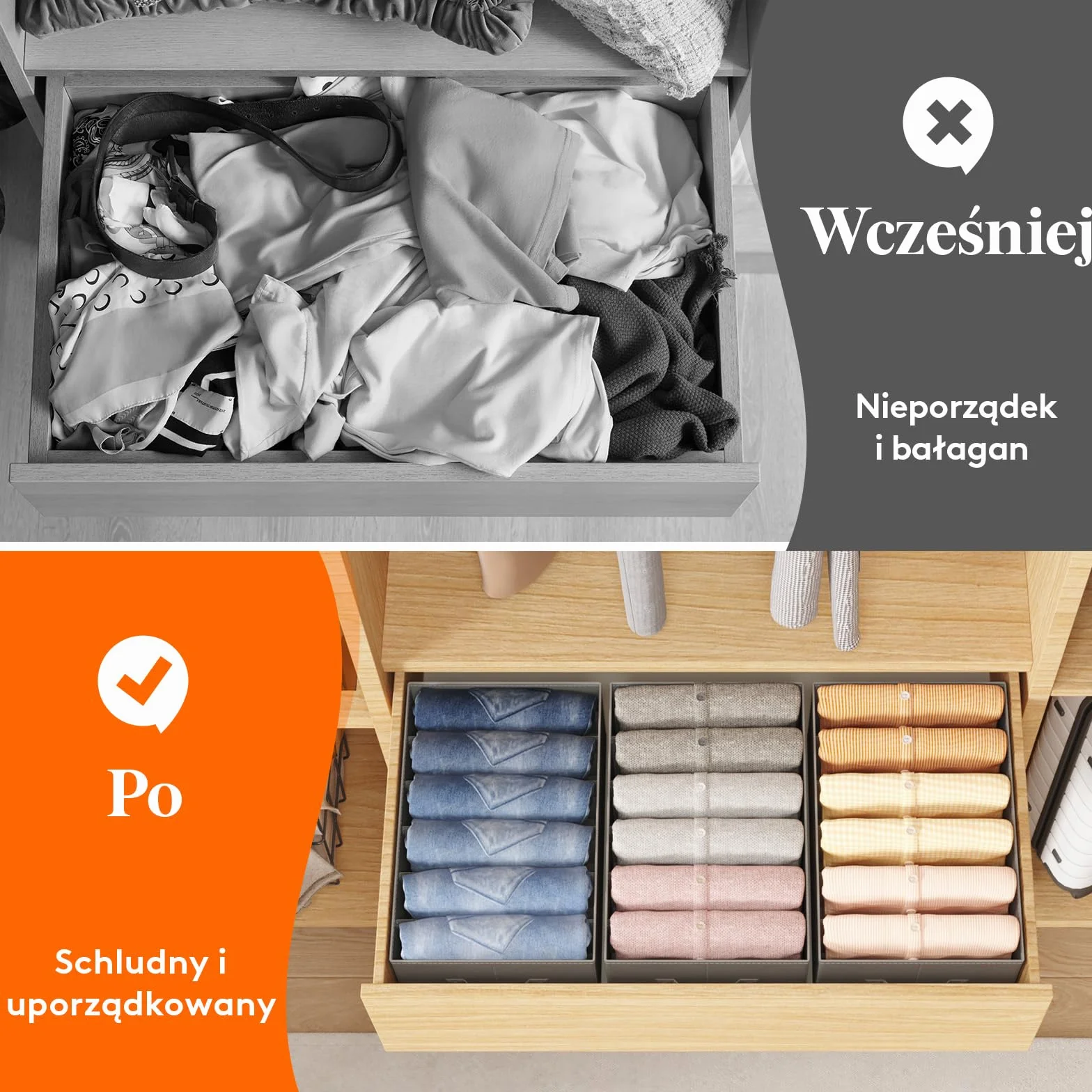 Lifewit Organizer do Szafy na Ubrania, Organizery na Jeansy do Szafy z 6-Komorową Składaną Szufladą na Ubrania, 42 x 27 x 17cm na Spodnie, Koszulki, Swetry, Legginsy, 4-paks