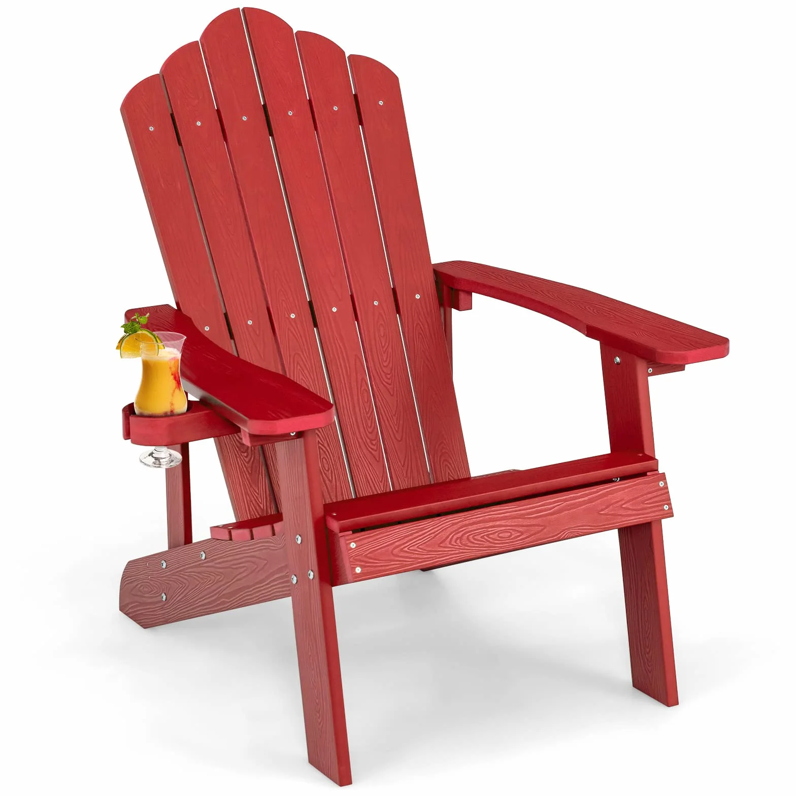 COSTWAY Adirondack krzesło z uchwytem na napoje, odporne na warunki atmosferyczne, krzesło ogrodowe z tworzywa sztucznego, krzesło outdoorowe do ogrodu, na taras, nośność 170 kg (czerwone)