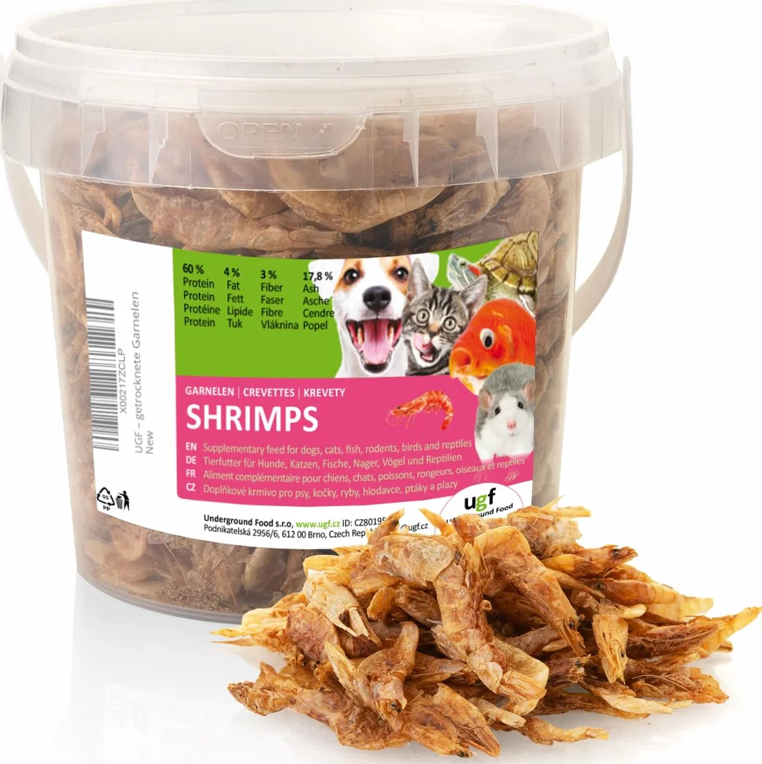 Suszone krewetki 75 g w wiaderku 500 ml karma dla ptaków dzikich, psów, żółwi, gryzoni, jaszczurek, ryb