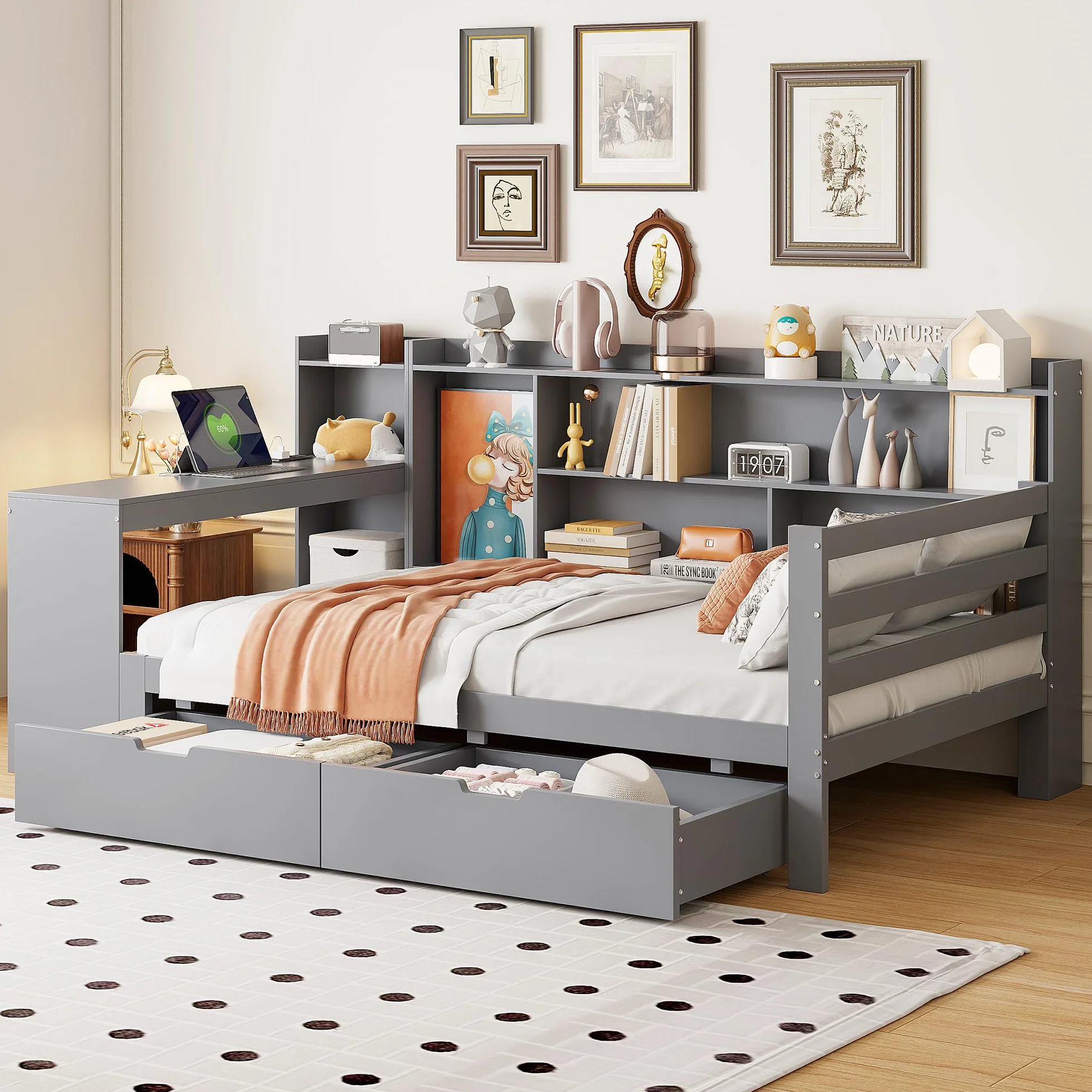 Wielofunkcyjna sofa z funkcją spania z litego drewna z wbudowanym biurkiem, gniazdkiem i miejscem do przechowywania – zajmuje mało miejsca 90 x 200 cm, w kolorze szarym do salonu, pokoju gościnnego