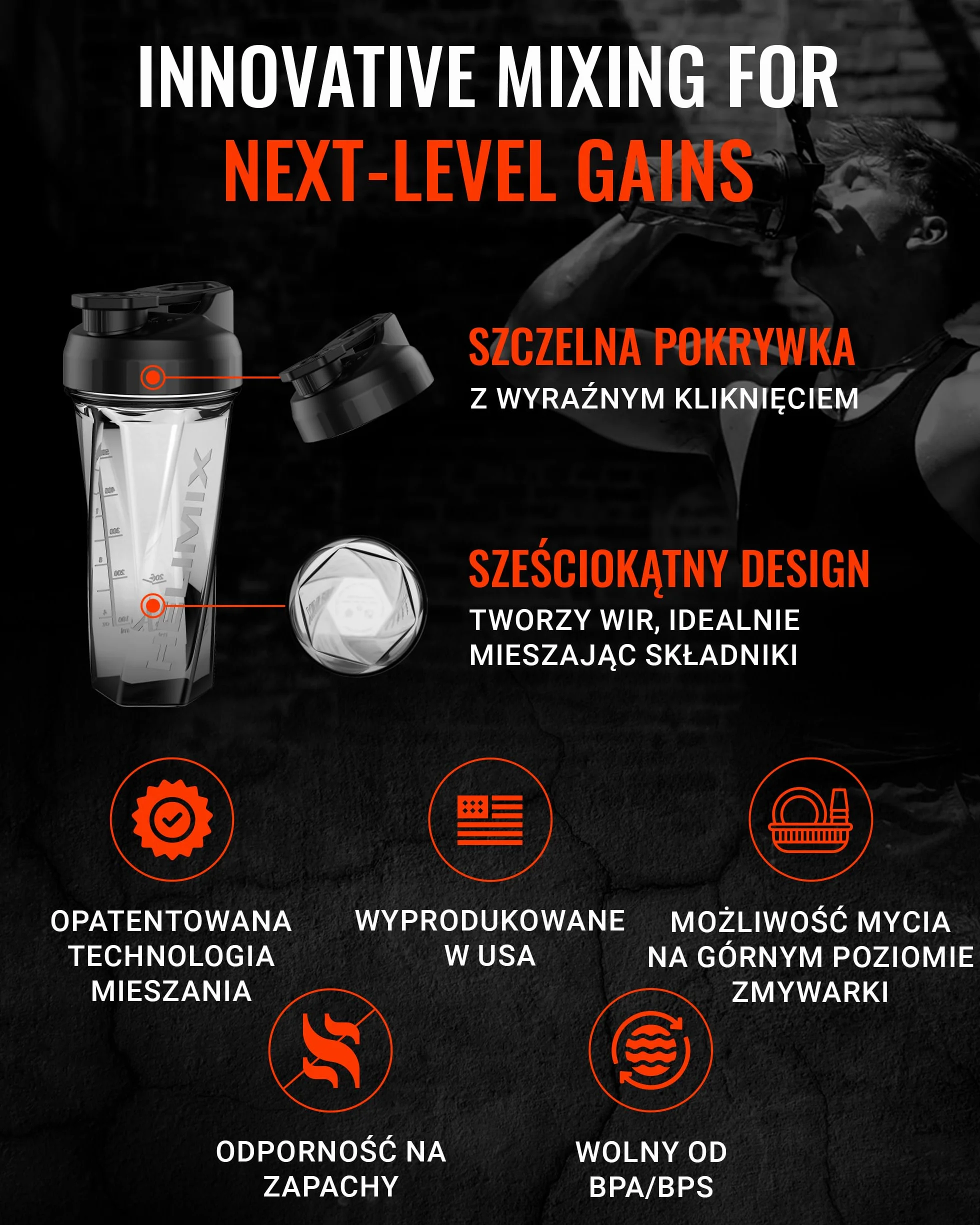 Helimix 2.0 Vortex Protein Shaker, 800 ml (28 uncji) - Sportowa butelka na napoje proteinowe i smoothie - bez gwizdków, grudek i baterii - odporna na mycie w zmywarce i wolna od BPA
