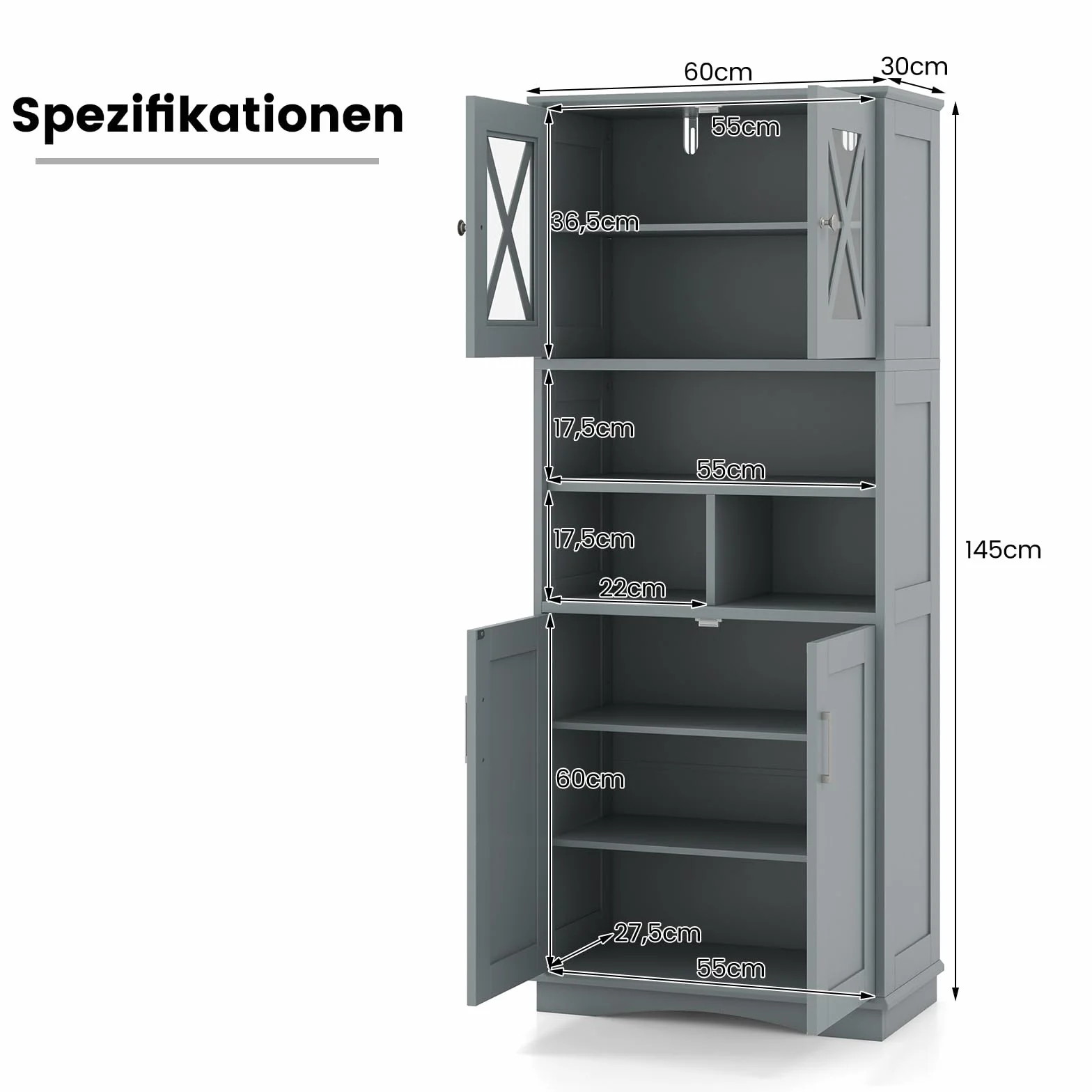 COSTWAY Szafka łazienkowa, wysoka szafka łazienkowa z 3 regulowanymi półkami i 4 drzwiami, drewniana szafka do przechowywania, do łazienki, salonu i kuchni, 60 x 30 x 145 cm (szara)