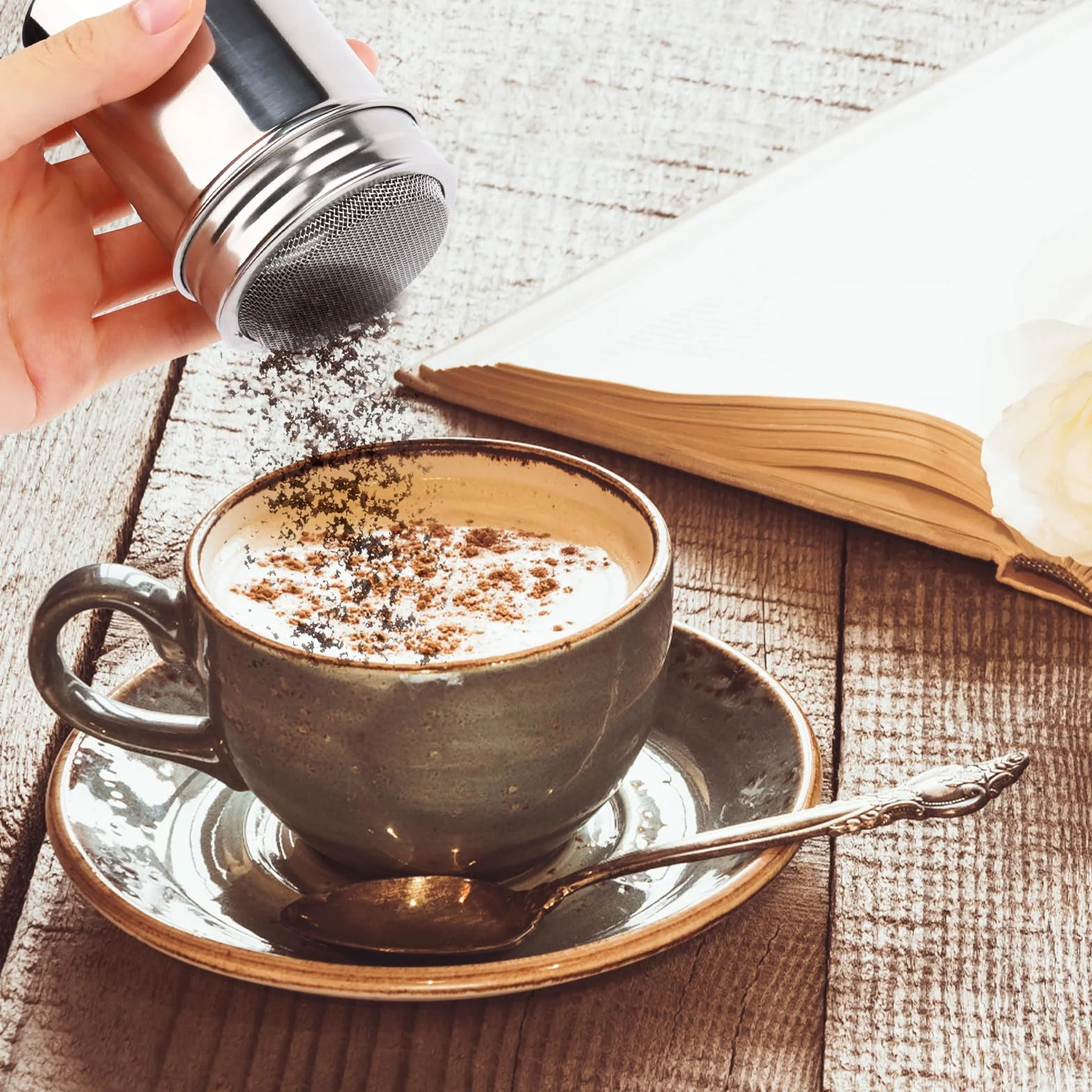 2 szt. Shaker do proszku ze stali nierdzewnej - Shaker z siatki do kakao, kawy, cappuccino - z pokrywką na czekoladę, rozpraszacz do cukru