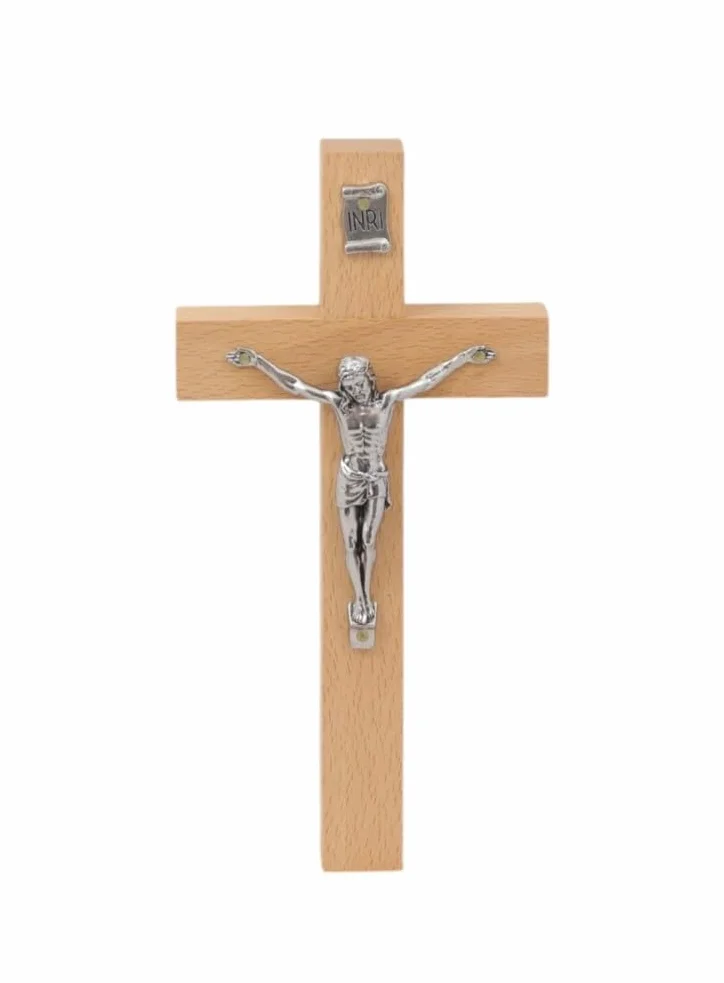 KRZYŻ DREWNIANY bukowy z figurką Jezus MAŁY 18x9cm zawieszenia na ścianę