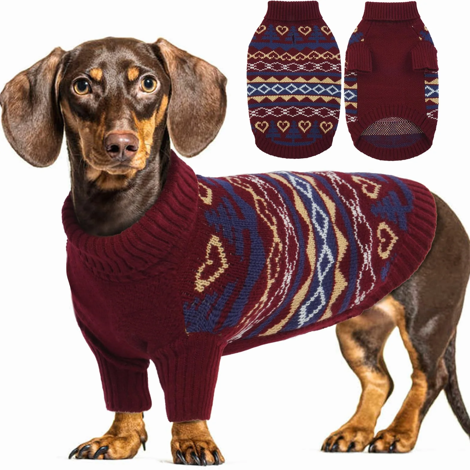 Sweter świąteczny dla psa, klasyczny sweter dla psów, gruby golf, ciepłe swetry dla psów, retro swetry dla szczeniaków, średni rozmiar, dzianina, zimowe ubrania dla zwierząt, stroje, bordowy