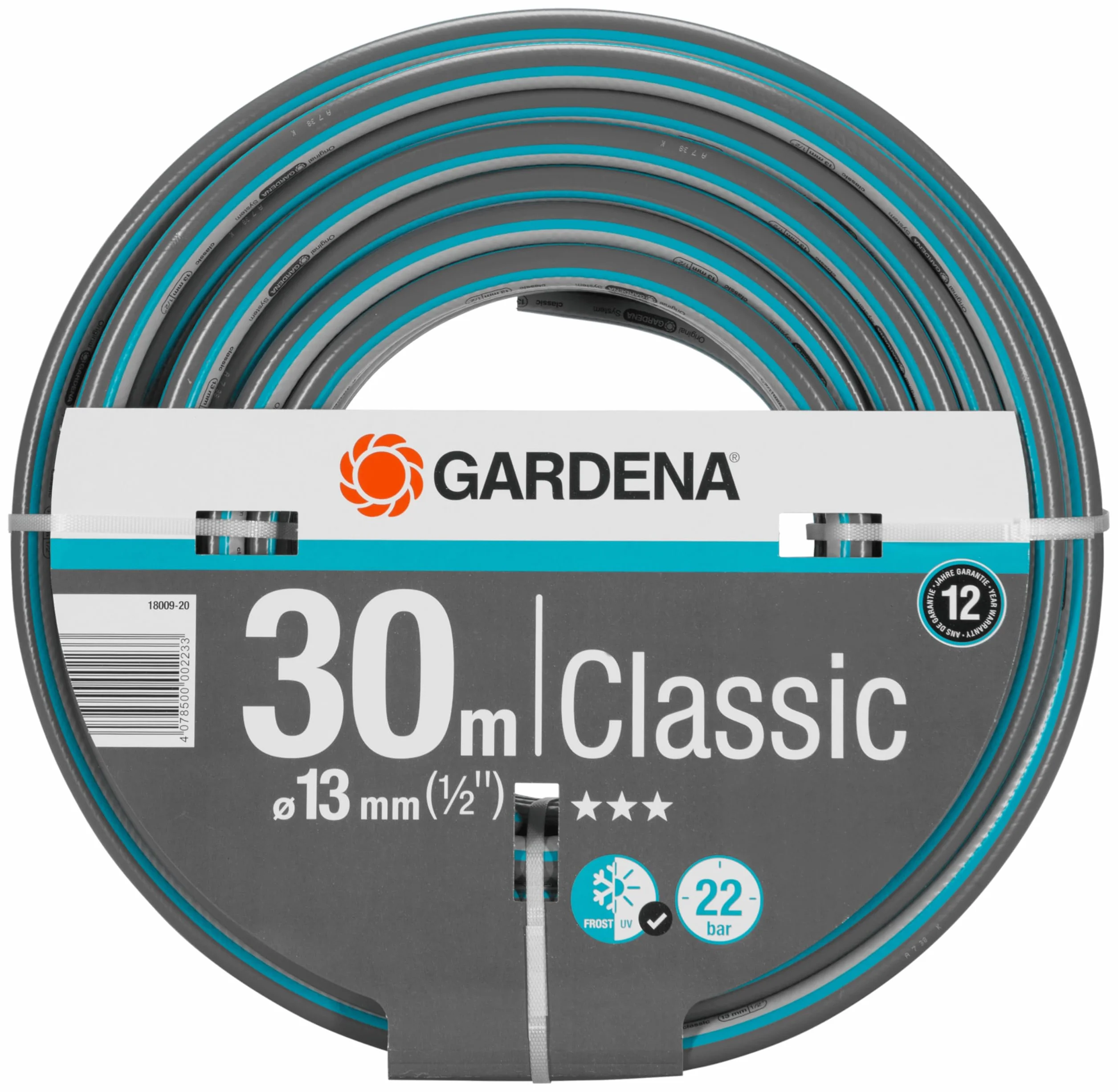 Gardena Classic wąż 13 mm (1/2"), 30 m: uniwersalny, wytrzymały wąż ogrodowy o splocie krzyżowym, ciśnienie rozrywające 22 bary, odporny na ciśnienie i promieniowanie UV (18009-20)