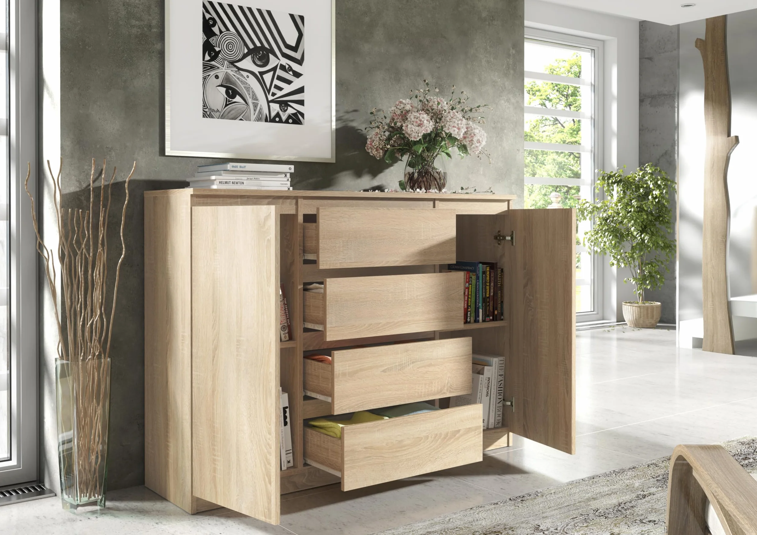 meble masztalerz Komoda Sonoma Matowa z 4 szufladami i 2 drzwiami - 138,6x101,5x39 cm - Komoda do salonu, sypialni - Szafka z szufladami - Komoda z szufladami