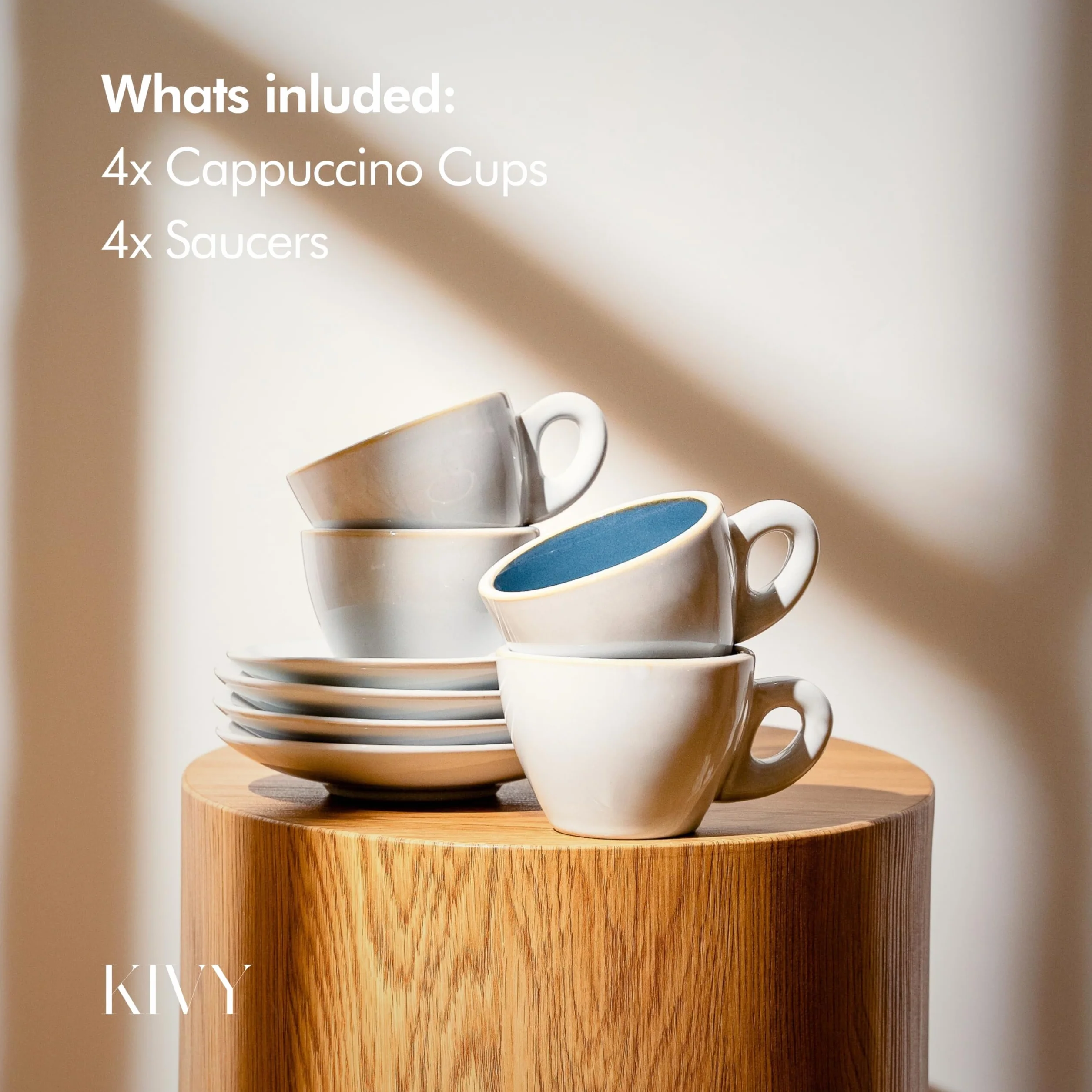 KIVY Filiżanki do cappuccino o grubych ściankach [4 x 180 ml] – ręcznie wykonane filiżanki z kamionki – filiżanki do kawy ze spodkami – filiżanki do cappuccino szare niebieskie – duże filiżanki do